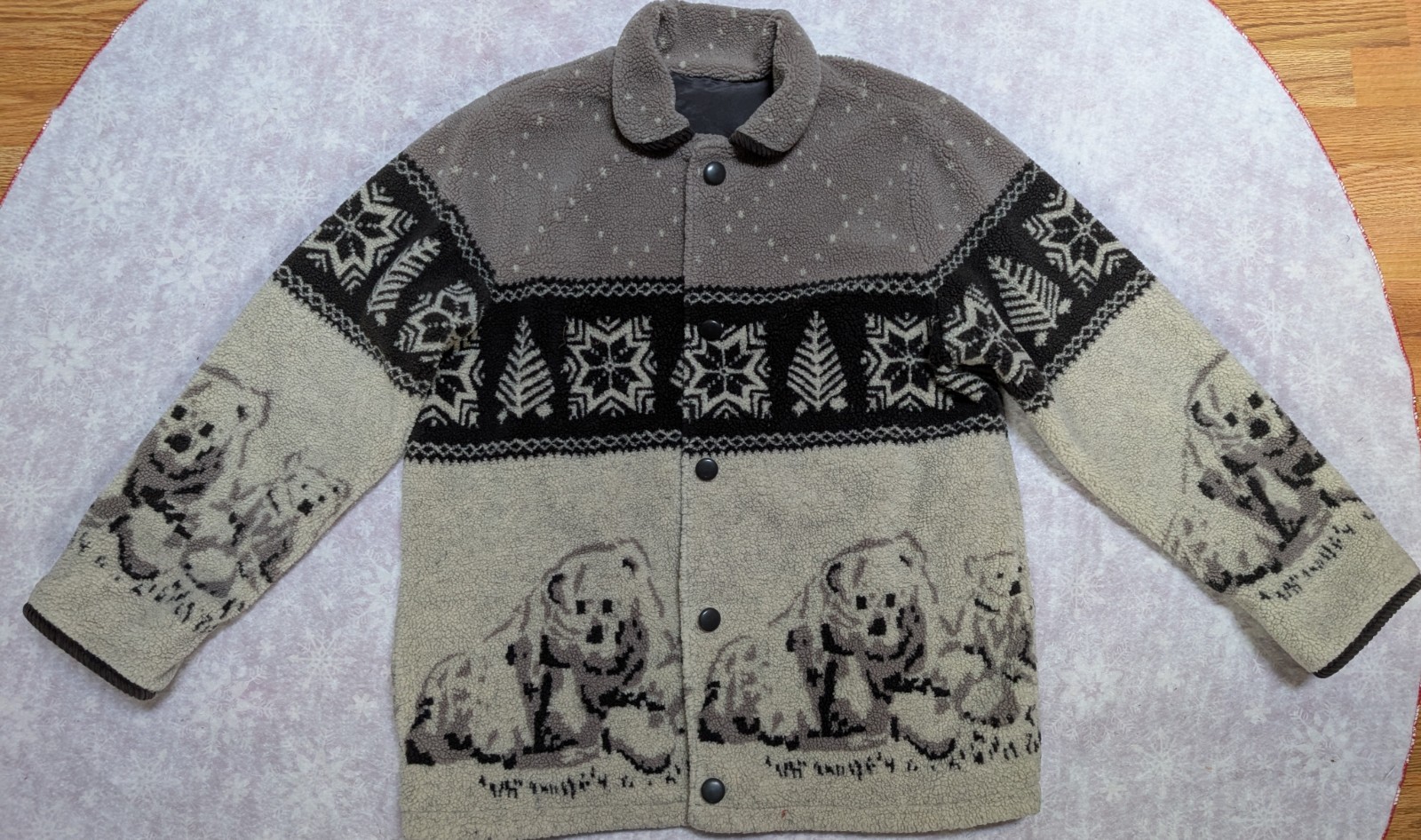 Vintage 90s Haband Polar Bear AOP Fleece Jacket Sz L Button Up Drawstring Waist