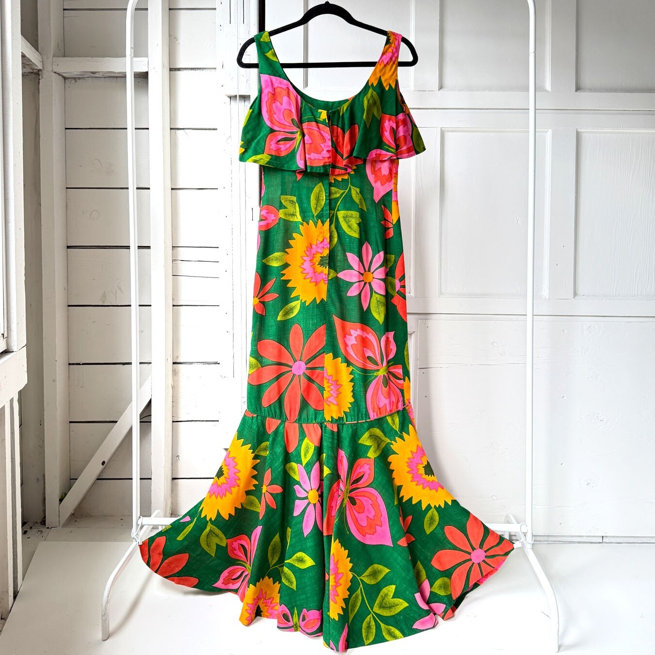 Vintage 70s Sydney Honolulu Green Butterfly Flower Print Mermaid Maxi Dress Sz S