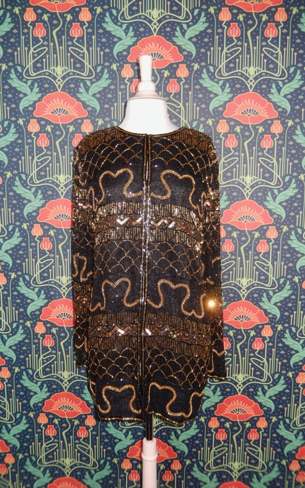 Vintage 90’s Y2K Black Gold Sequin Silk Beaded Glam Bling Trophy Jacket Top L/XL