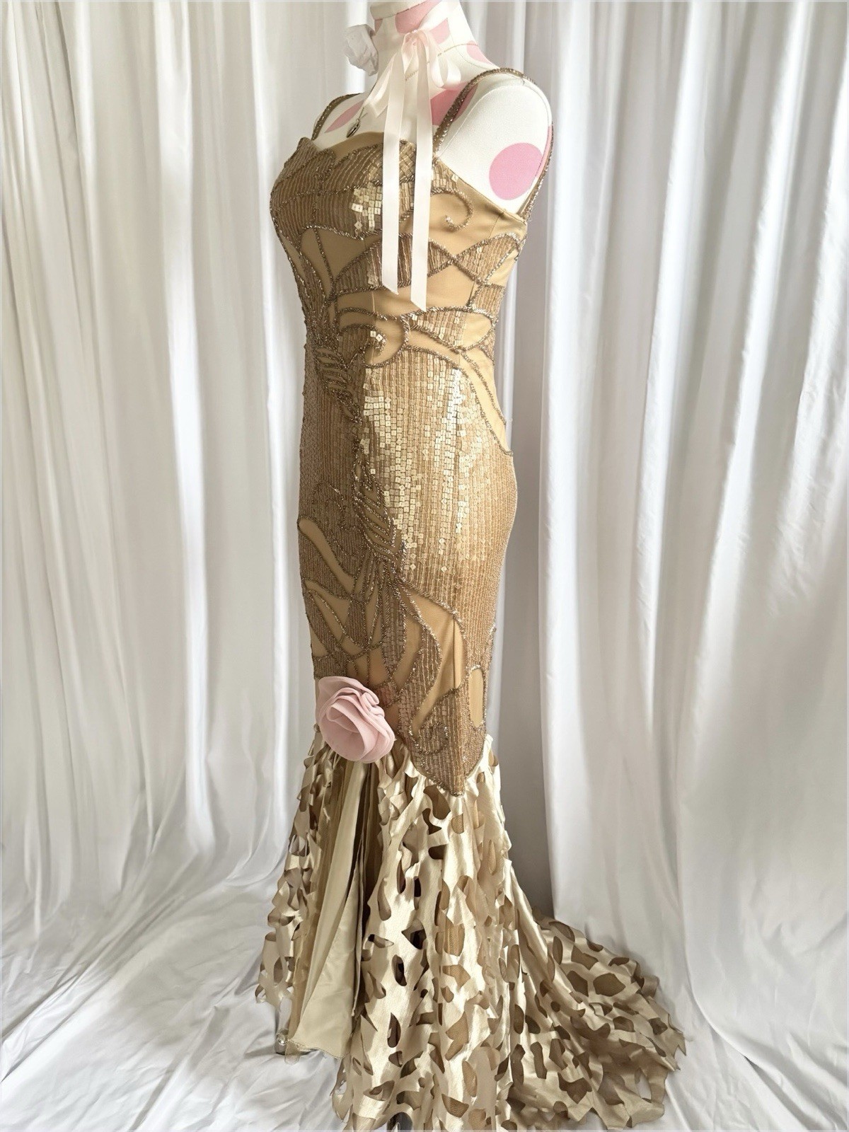 Vintage Gold Fairy Beaded Sequin Ruffle Mesh Vacation Princess Formal Gown Dress