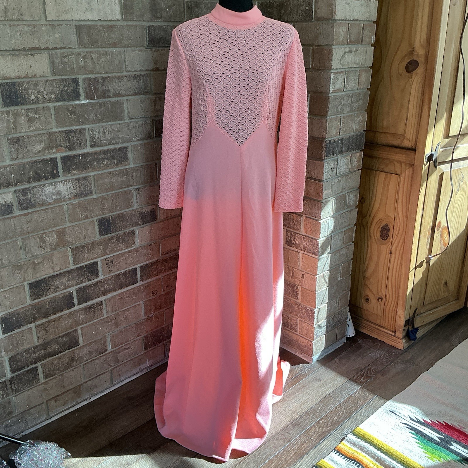 VTG Pink Lace Bodice Maxi Dress Size 14 Long Sleeve Rhinestone USA Made #11C7