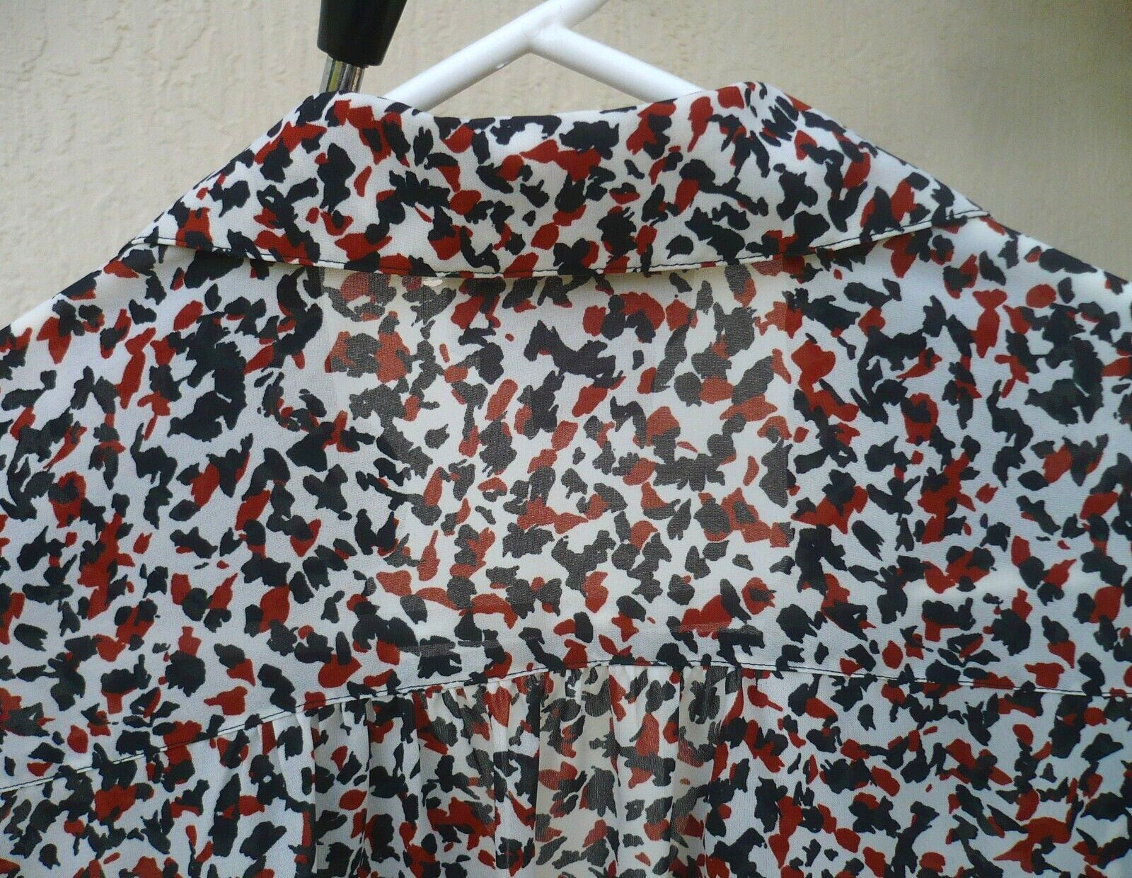 VTG 80S SHAPELY L 12 GEOMETRIC CONFETTI BROWN BLACK WHITE SILKY SHIRT CAP BLOUSE