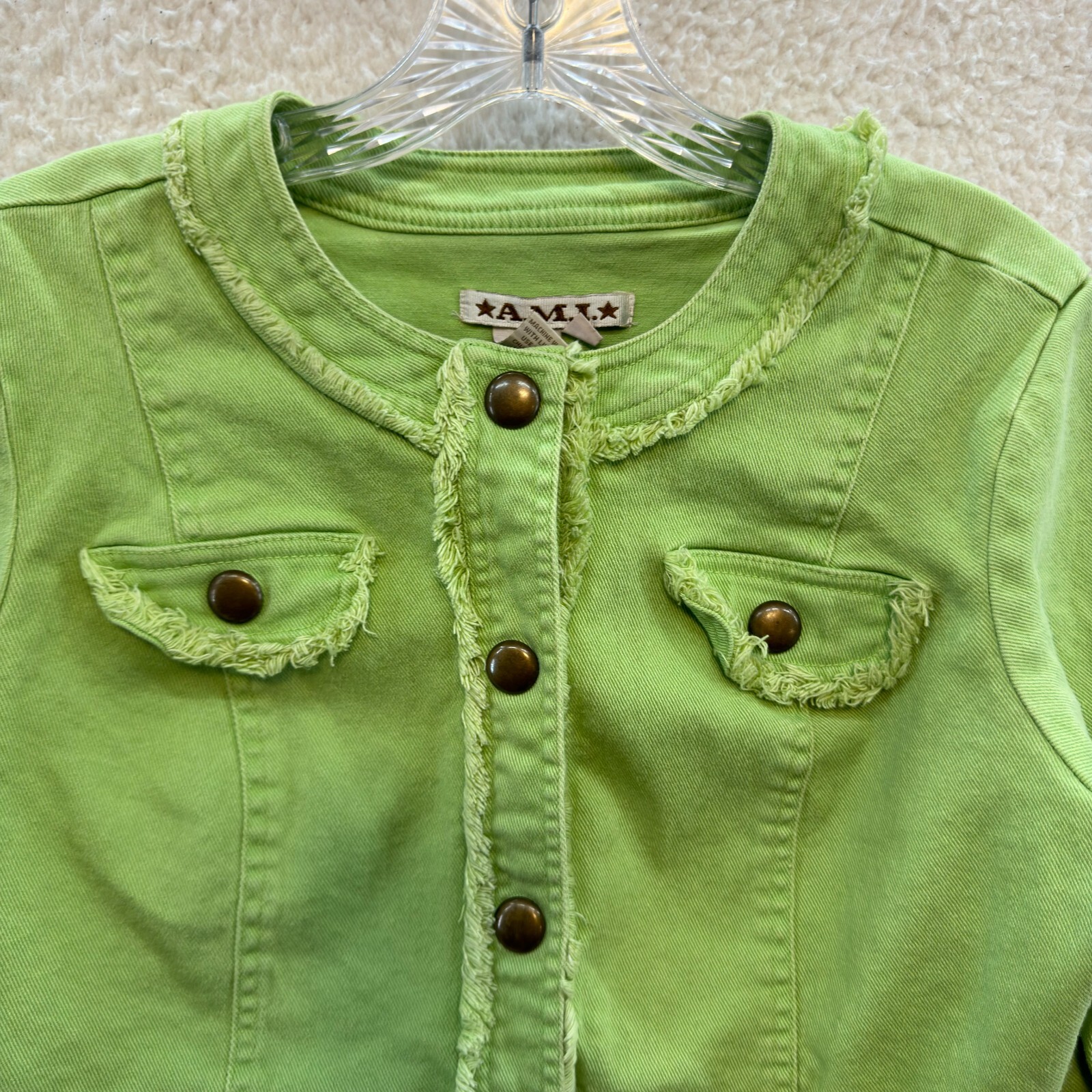 Y2K Vintage Denim Jacket Medium Lime Neon Green Military Cyber Rave