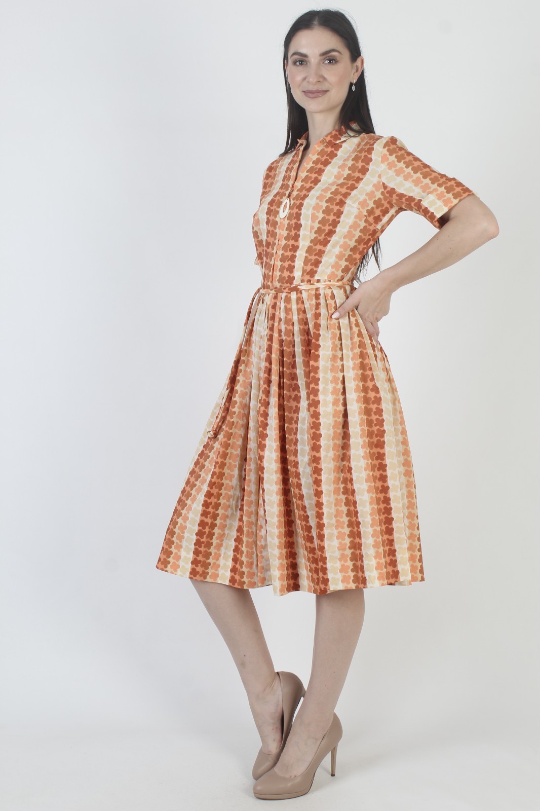 Vtg 50s Belted Knee Length Dress Westbury Fashions MCM Rockabilly Mid Mod Midi