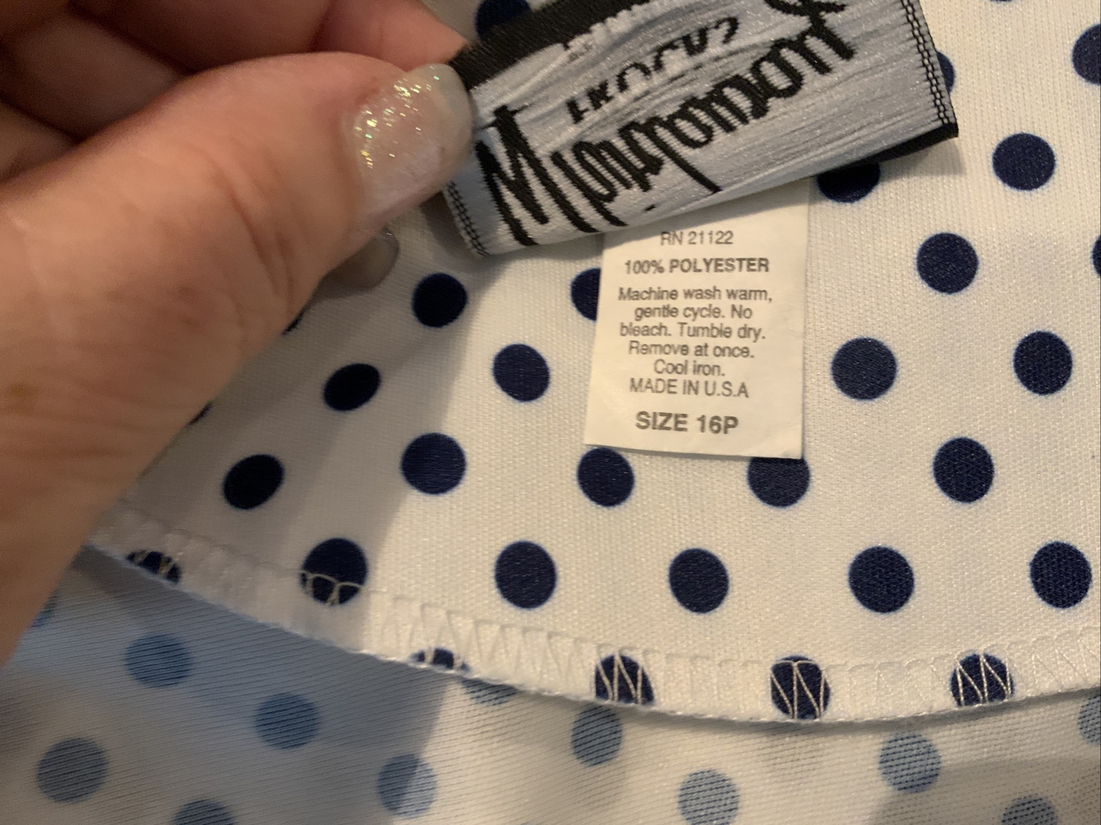 Vtg 80s Whirlaway Frocks Blue & White Polka Dot Belted Dress Sz 16P Bust 40