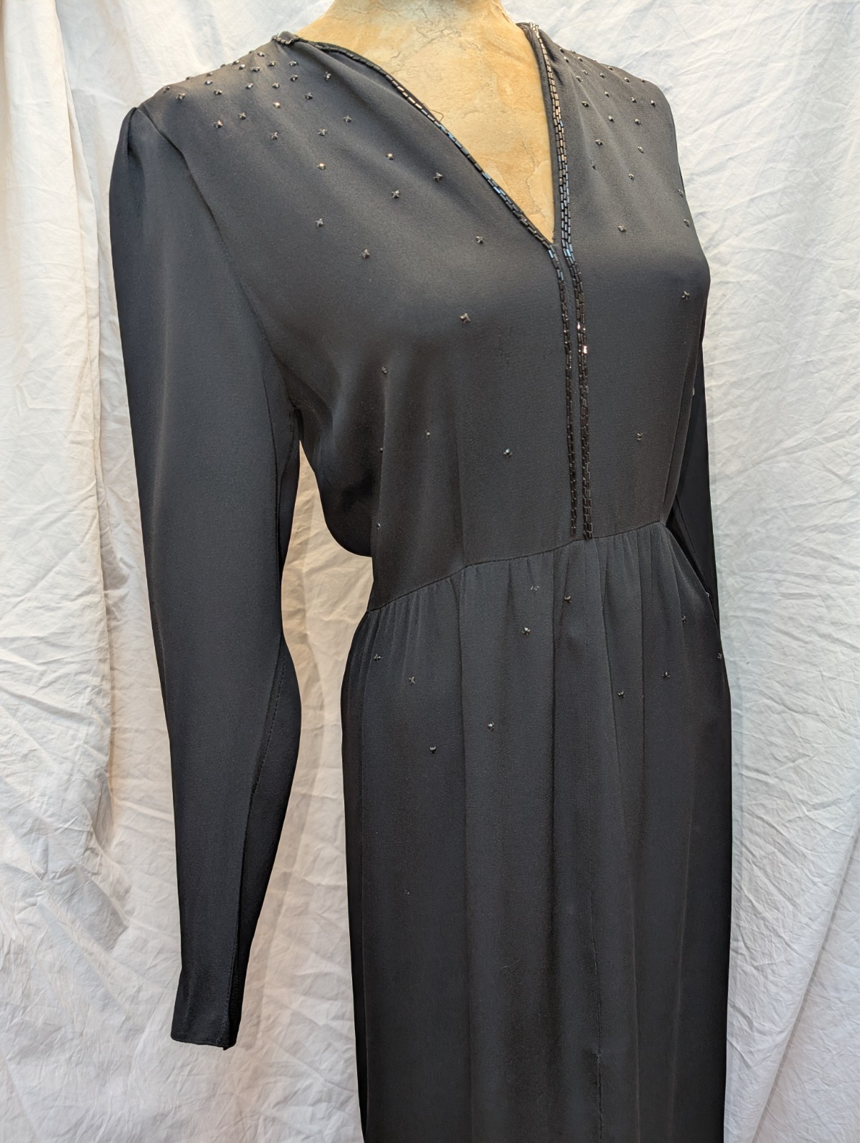 1980s 40s Style Black Rayon Beaded Dress St. Gillian Kay Unger Size S