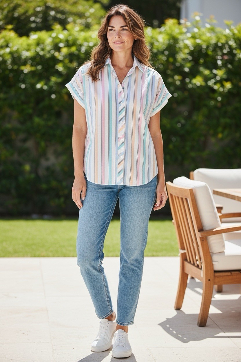 VTG 80’s SHIRT ACCENT Pastel Striped Short Sleeve Button-up Blouse Women’s 16