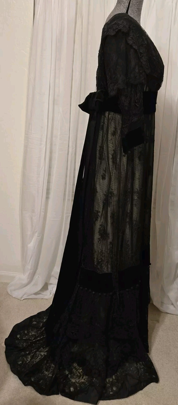 Edwardian Black Chantilly Lace Tassels & Velvet Trim Gown