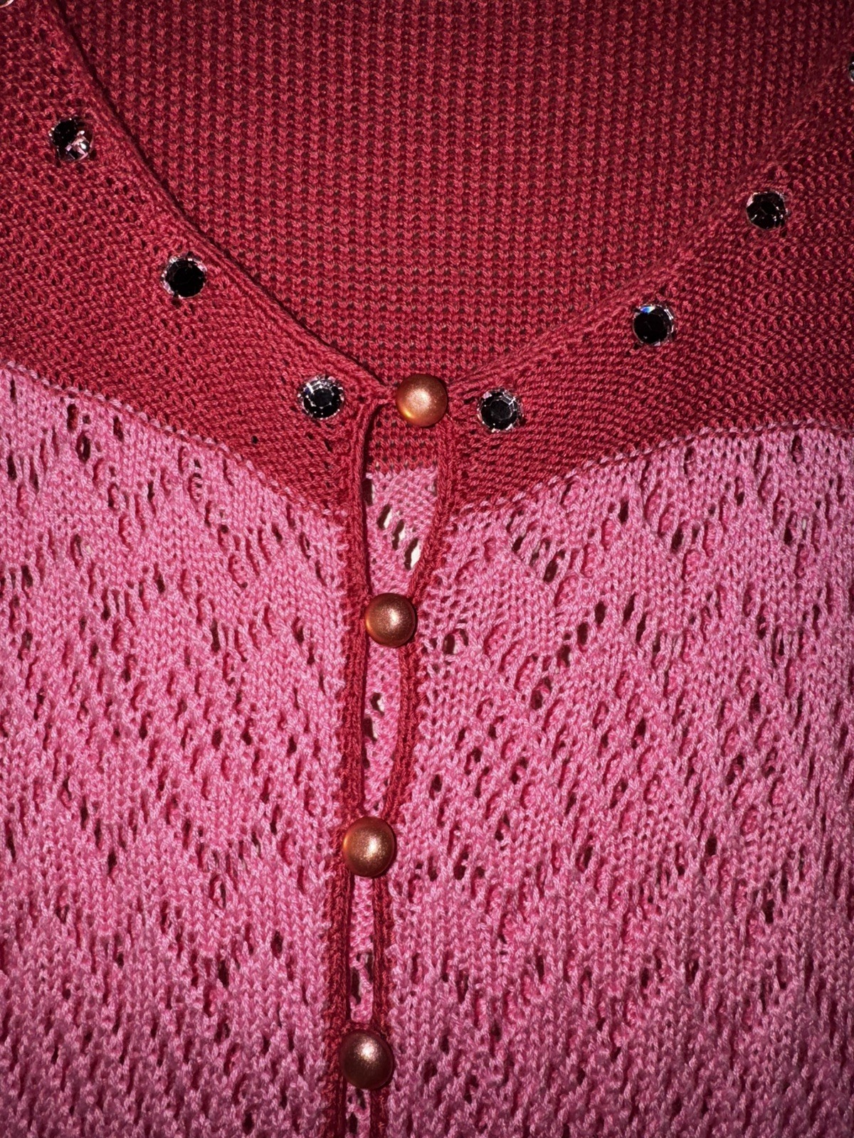 Vintage BETSEY JOHNSON NY Y2K Pink & Red Striped Lacy Cardigan With Rhinestones