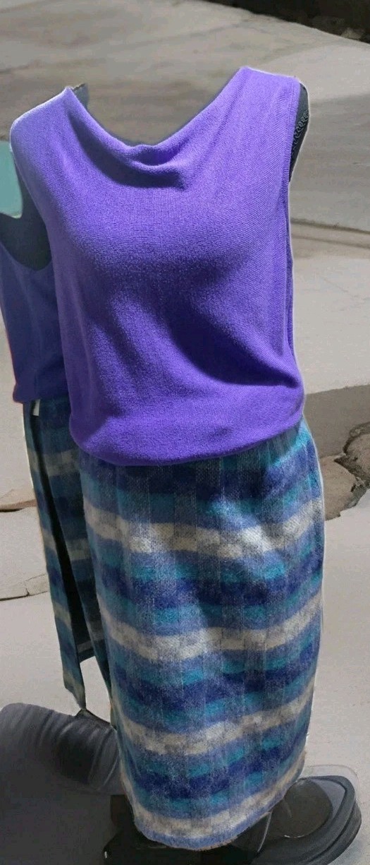 Best’s Apparel Vintage Purple Top & Striped Blue Gray Skirt Suit Set