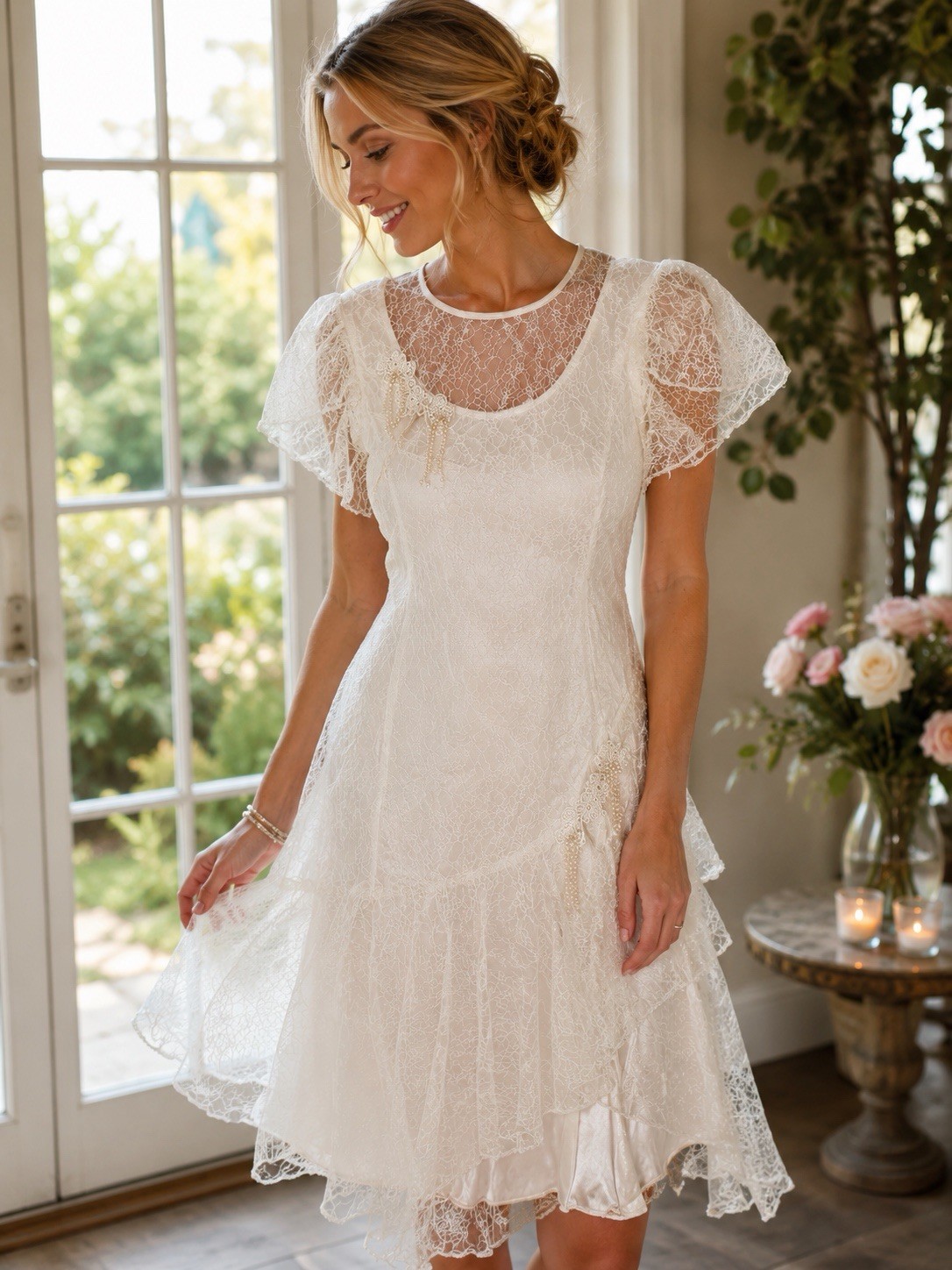 JCPenney White Lace Beaded Party Dress Size 5/6 Made USA Romantic Vintage