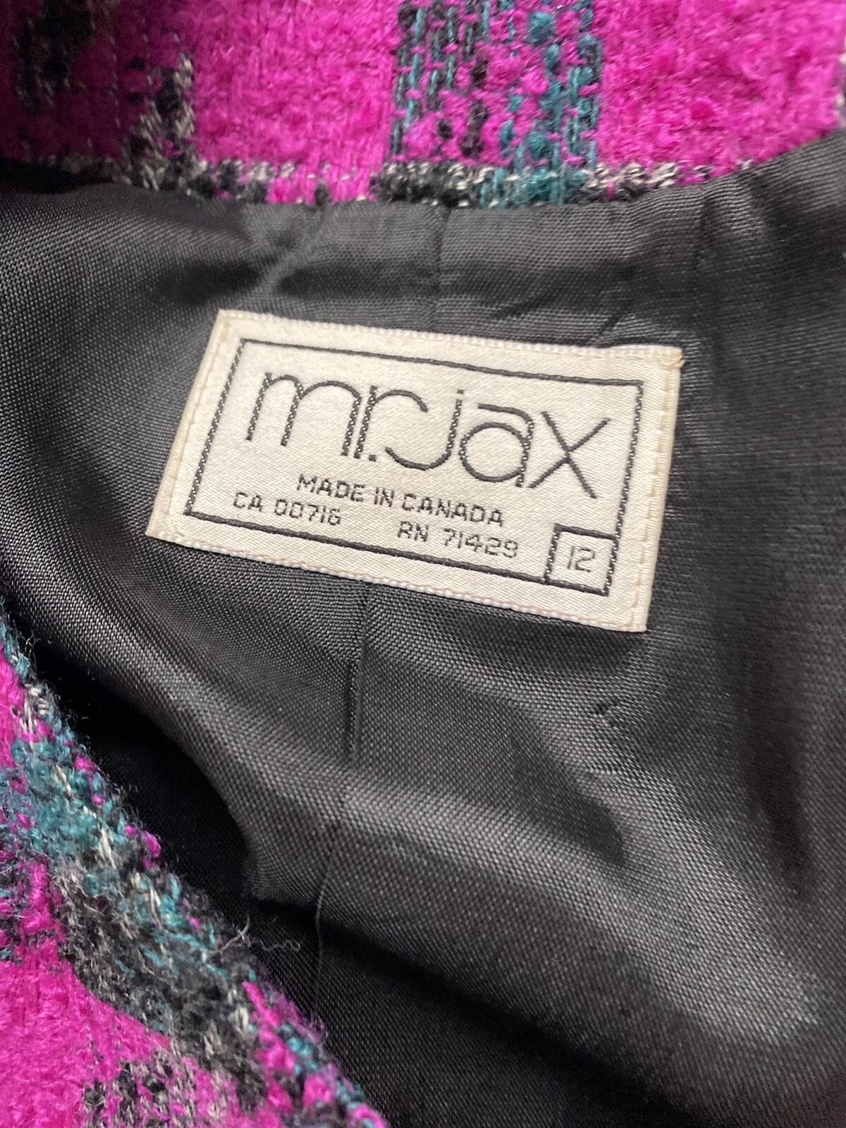 mr. jax Womens Blazer SIZE 12 Magenta Plaid Wool Dolman Sleeve Made in Canada