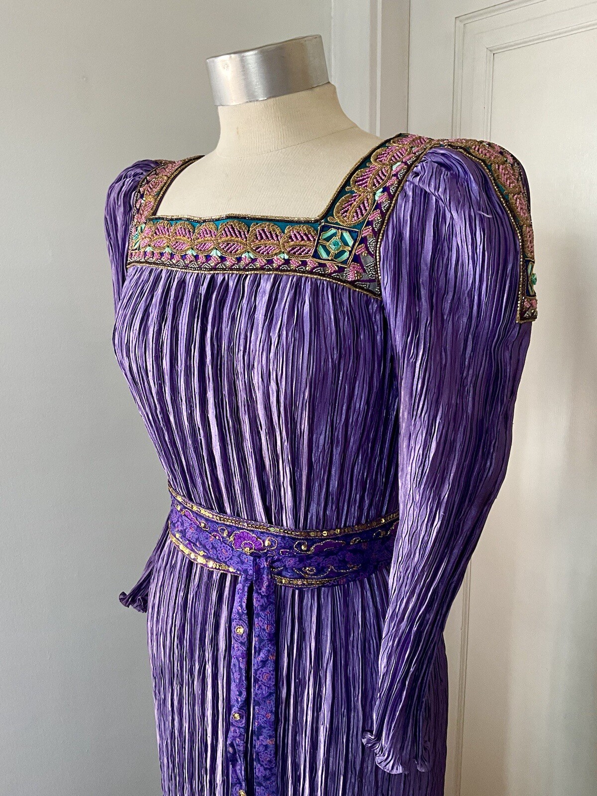 Vintage Early 80’s Mary McFadden Purple Pleated Gown Dress w/ Sash