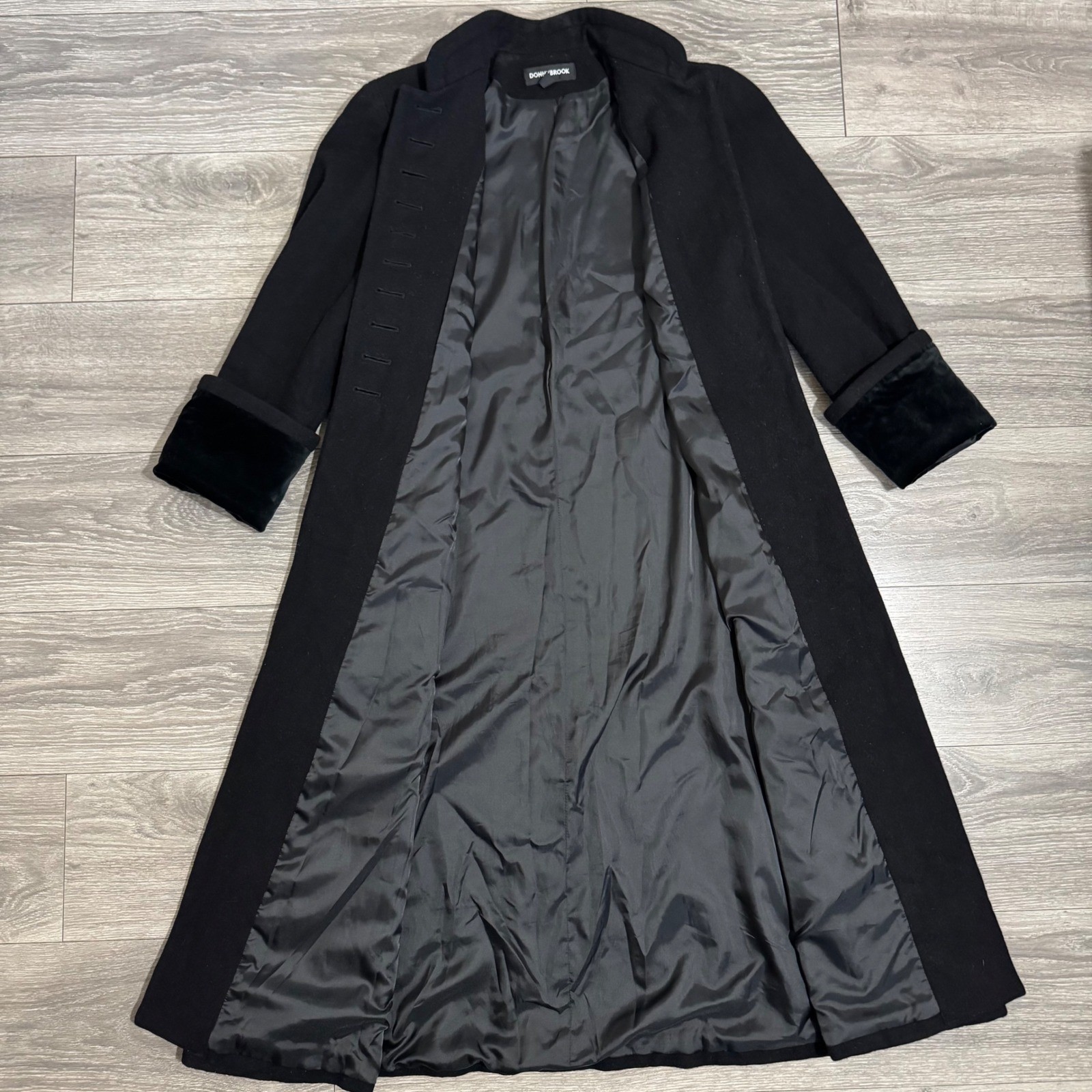 Donnybrook Victorian Black 100% Wool Maxi Coat Velvet Trim Mandarin Collar Sz 2