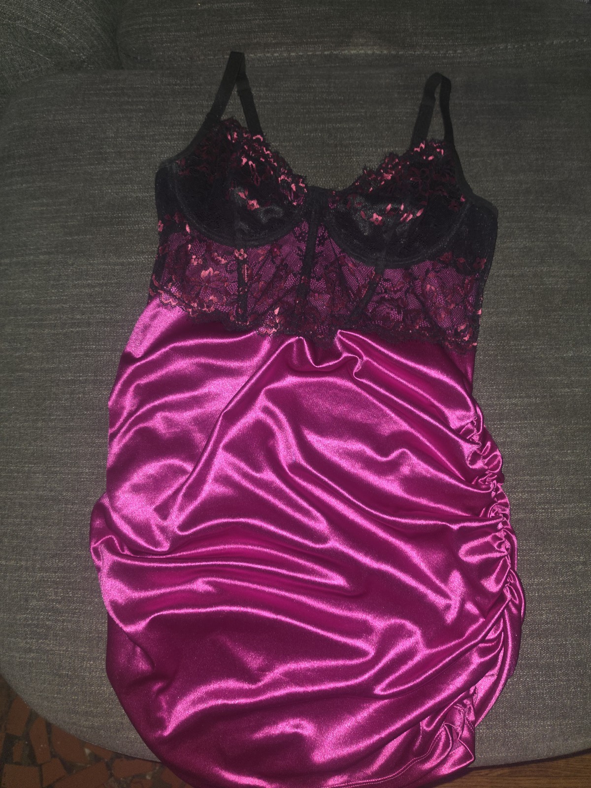 Vintage Purple Satin and Black Lace Slip Nightgown Lingerie