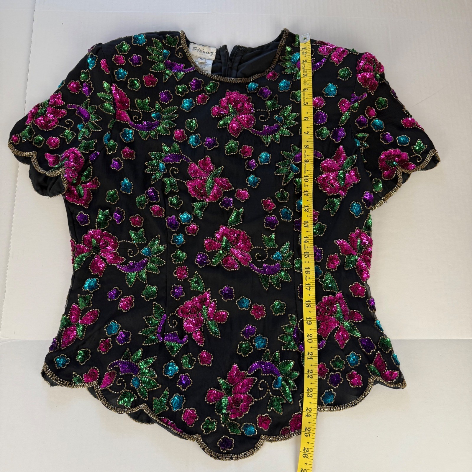 Stenay Vintage Silk Sequin Floral Beaded Evening Blouse Black XL Scalloped Hem