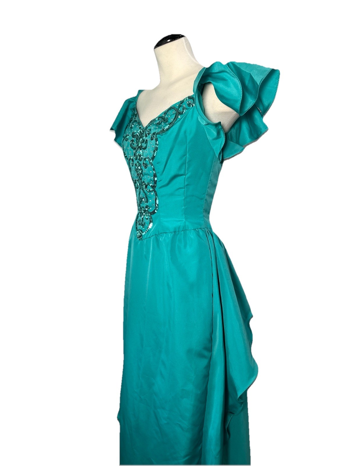VTG 80s/90s Aqua Prom Dress Sequins Taffeta Ruffled Draped Maxi Mike Benet XXS