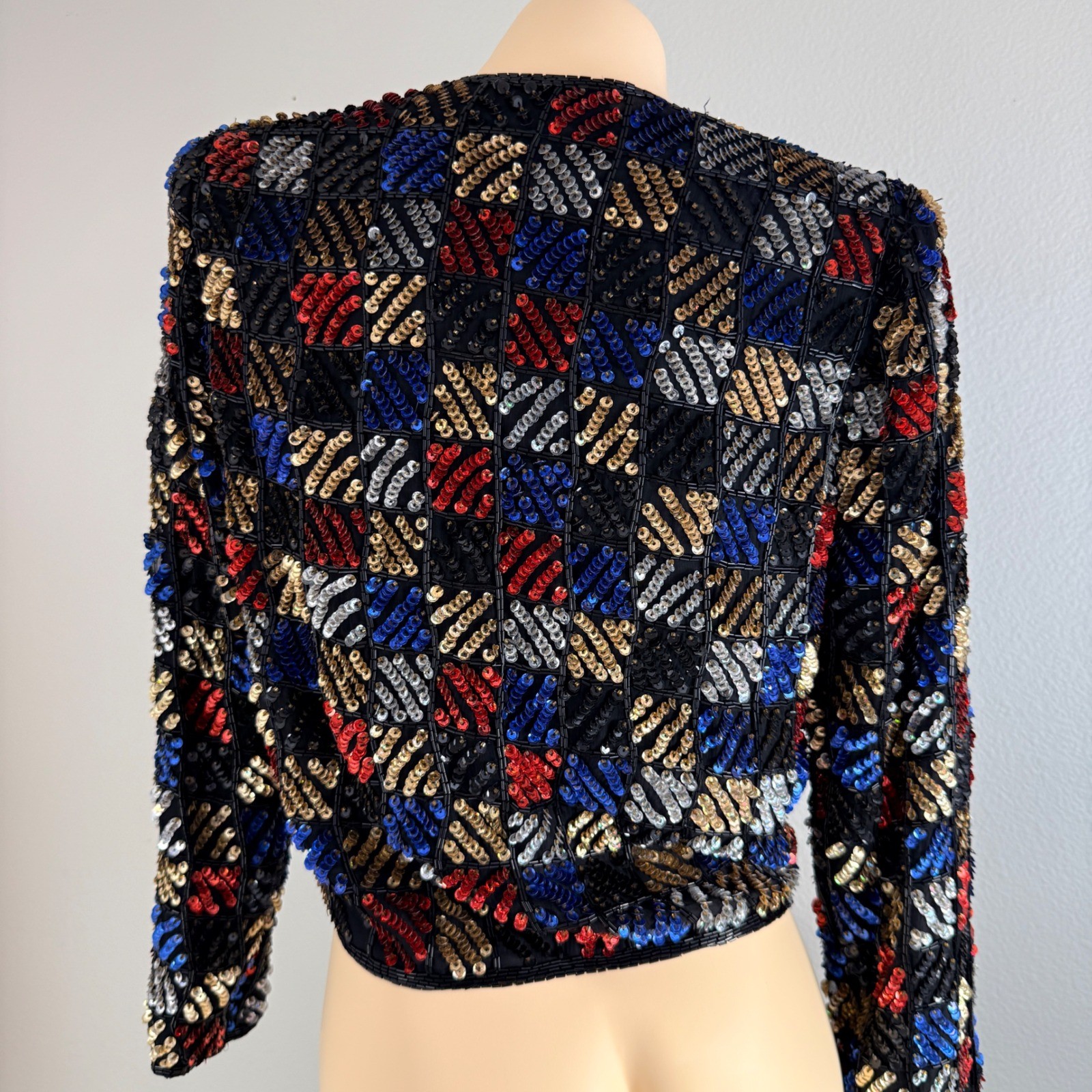 Vintage 80s Laurence Kazar Sequin Beaded Silk Jacket Black Red Blue Gold Small