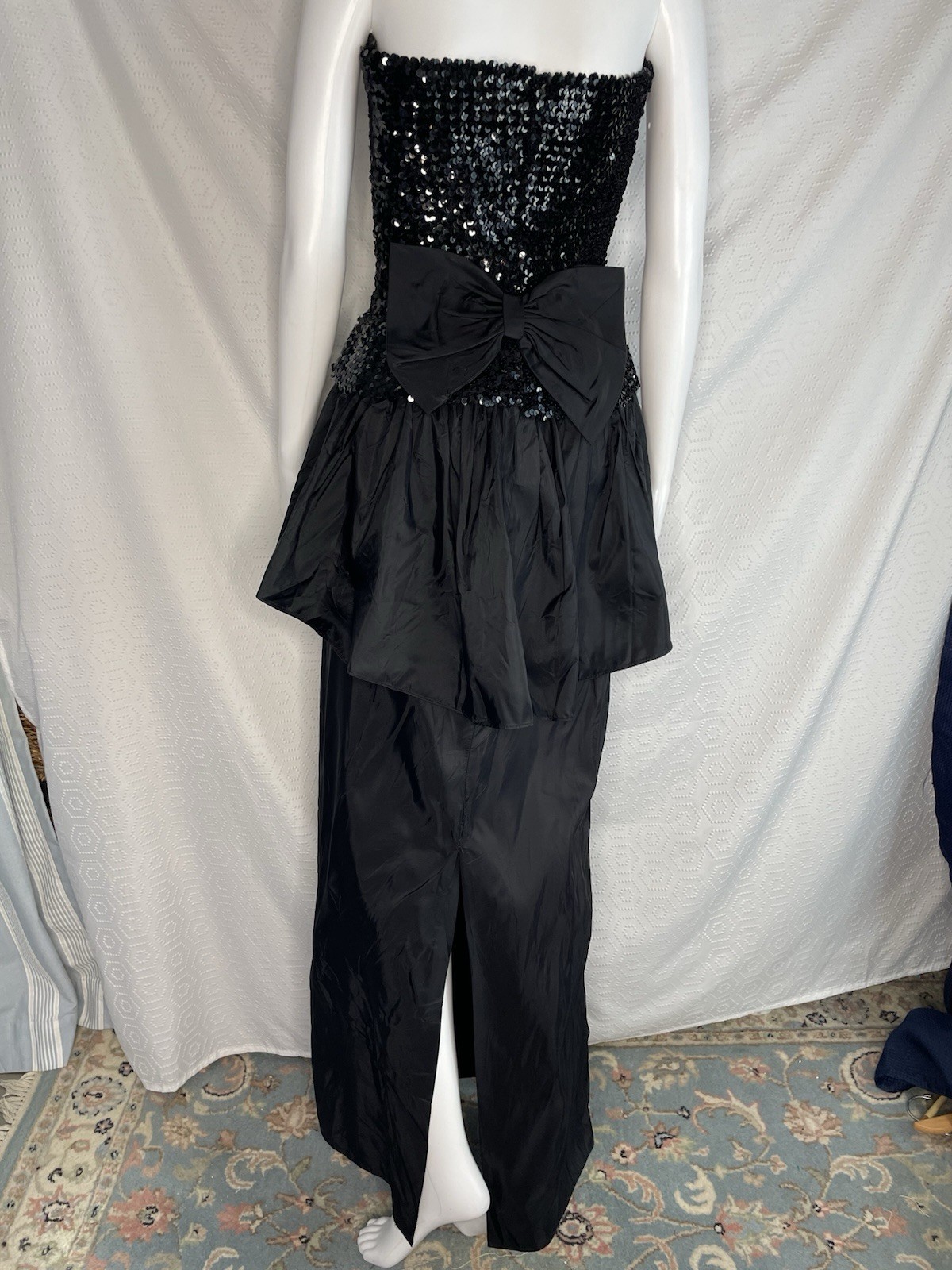 Vintage 80s Peplum Bow Sequins Taffeta Long Black Flirtations Dress ML Union Tag