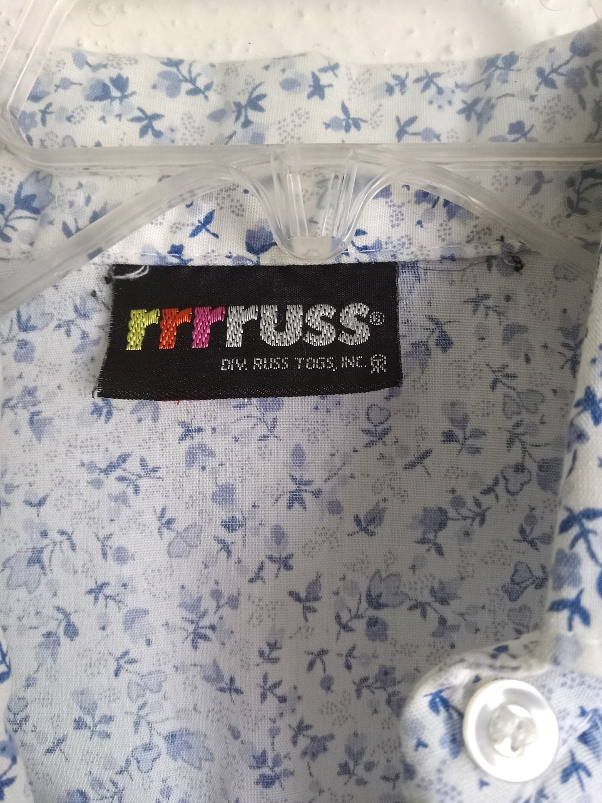 Vintage Rrrruss White Shirt Blue Floral Ditsy Pattern Vertical Pleating