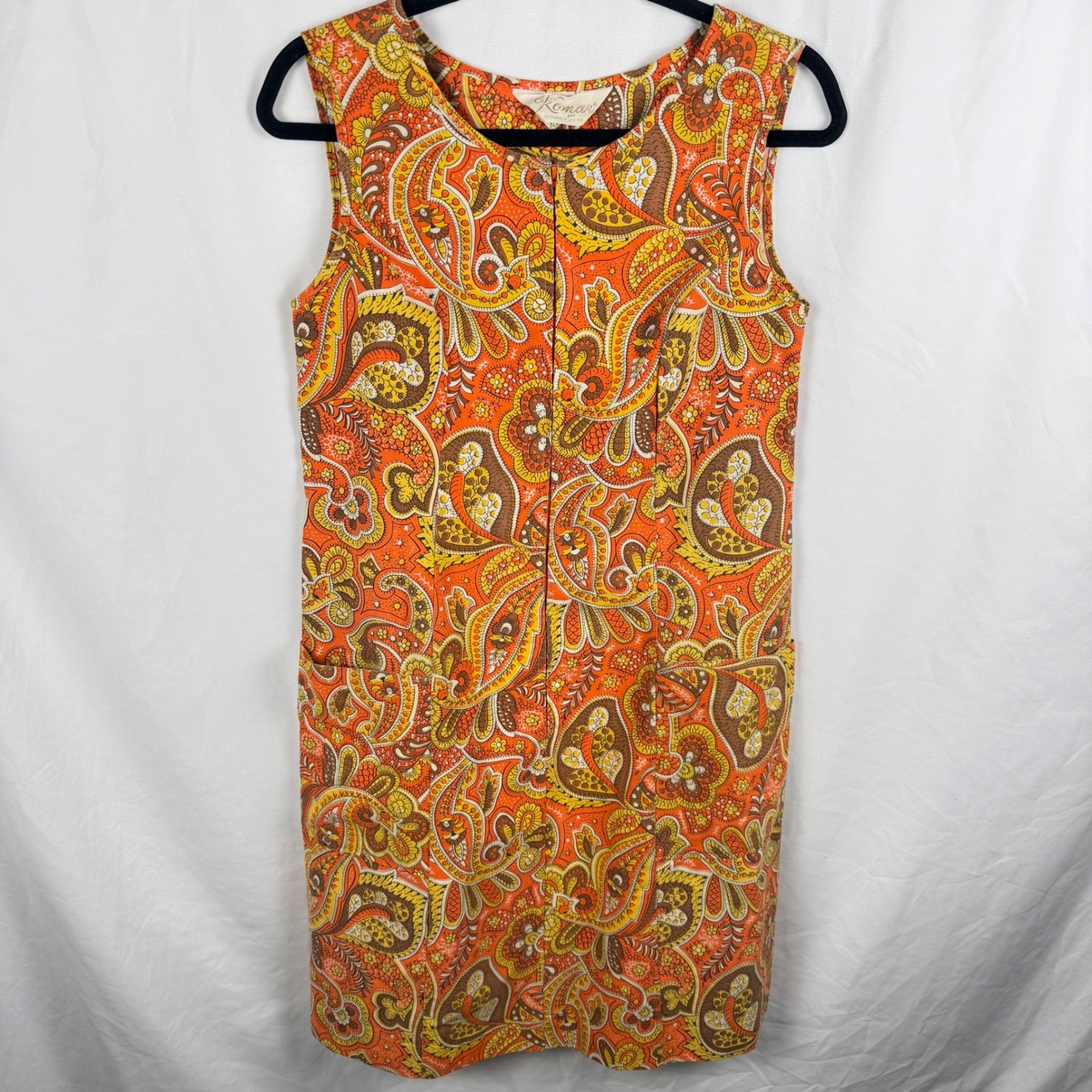 Vintage Komar Orange Paisley Zip Front Sheath Dress 70s Retro Boho Made in USA