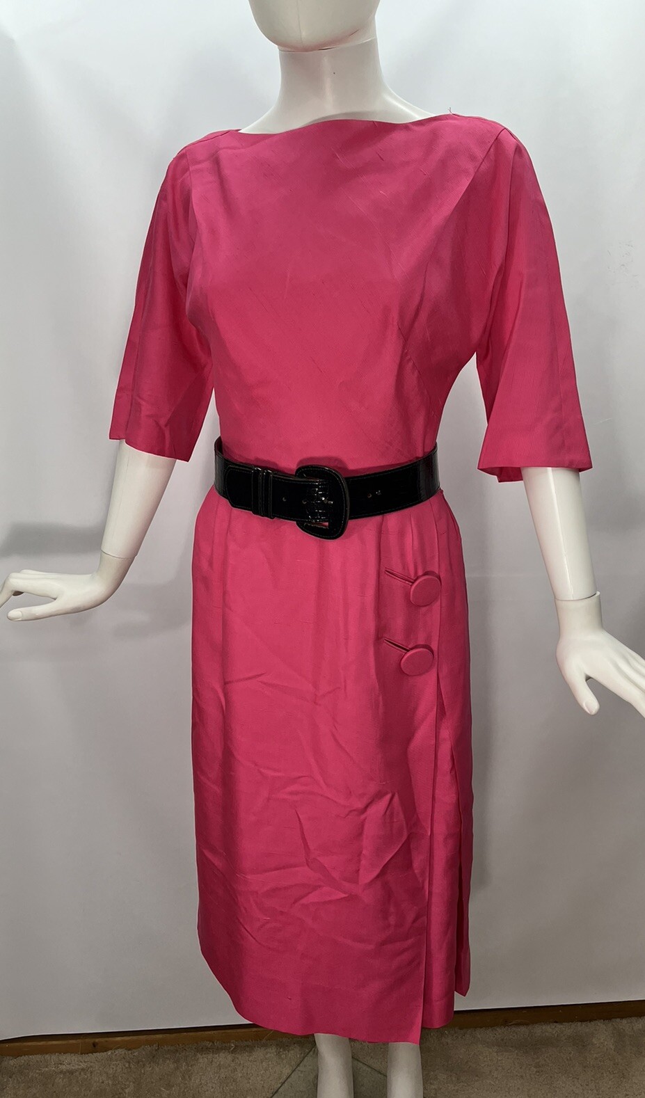 Vtg R & K Originals Pink Silk Pencil Dress 1950’s Sz S/M Buttons Metal Zipper