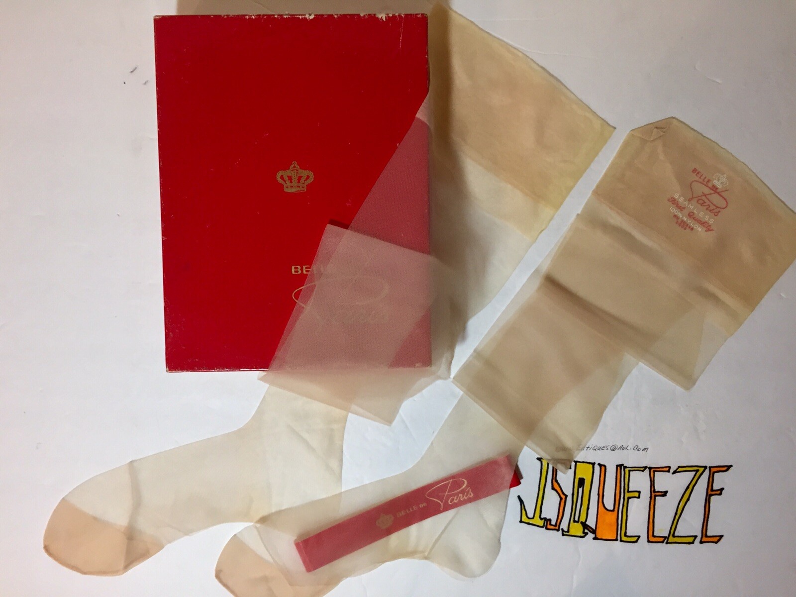 6 Pairs Nylon Stockings Belle de Paris 9 1/2 X 31 1/2” Vintage 4” Toe Nude Heel