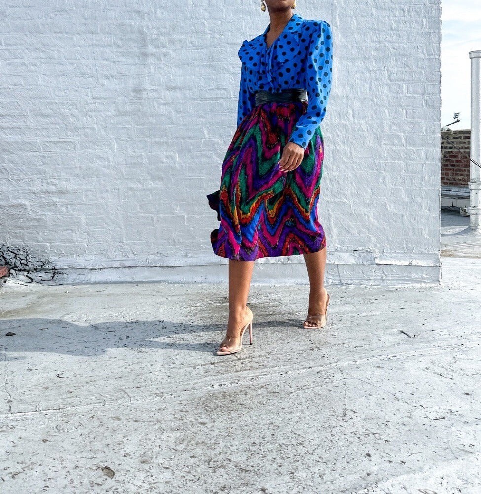TanJay VTG Small 2pc Set Watercolor Art Wear Print Skirt Open Long Top Made USA