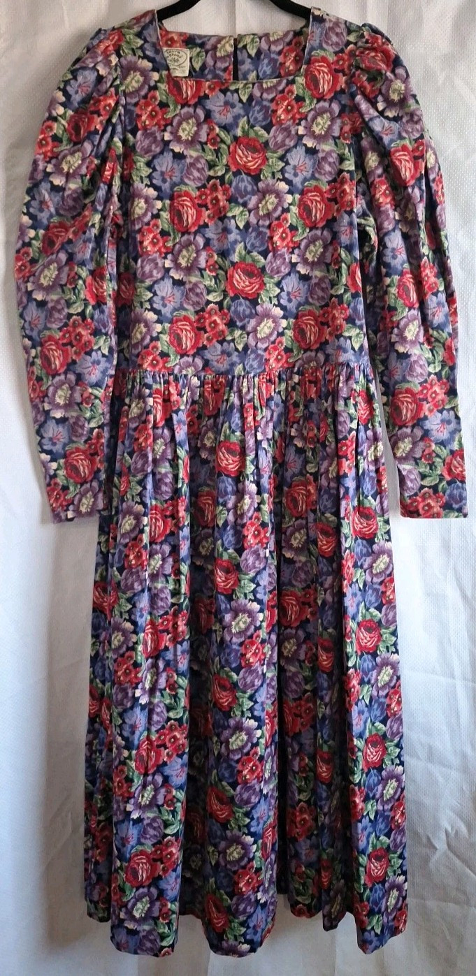 VTG 1990s Laura Ashley Blue Red Purple Floral Puff Sleeve Corduroy Dress 10