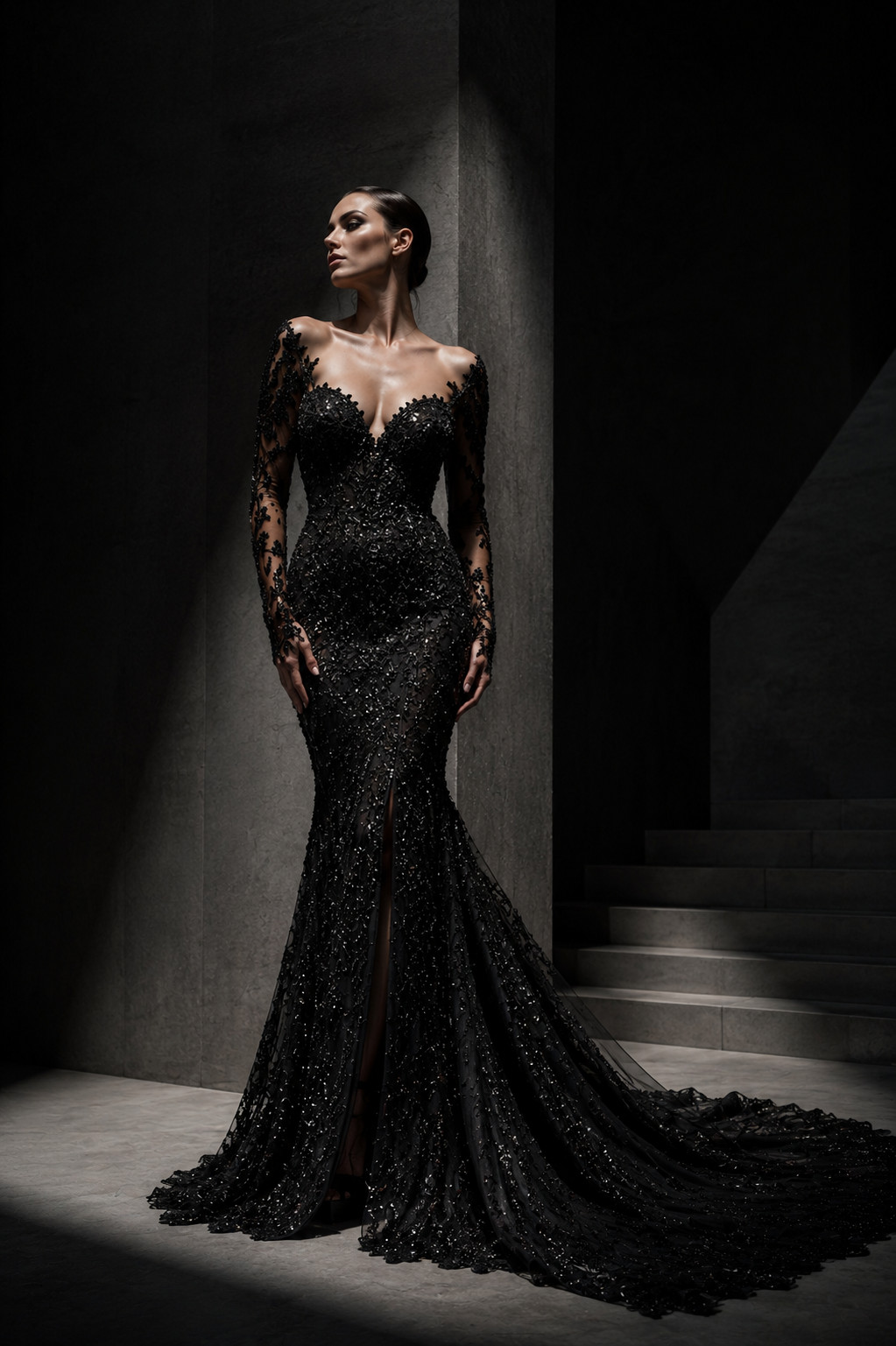 Vintage 80s 90s Mermaid Dress Gothic Wedding Beaded Evening Gown Train 32 34