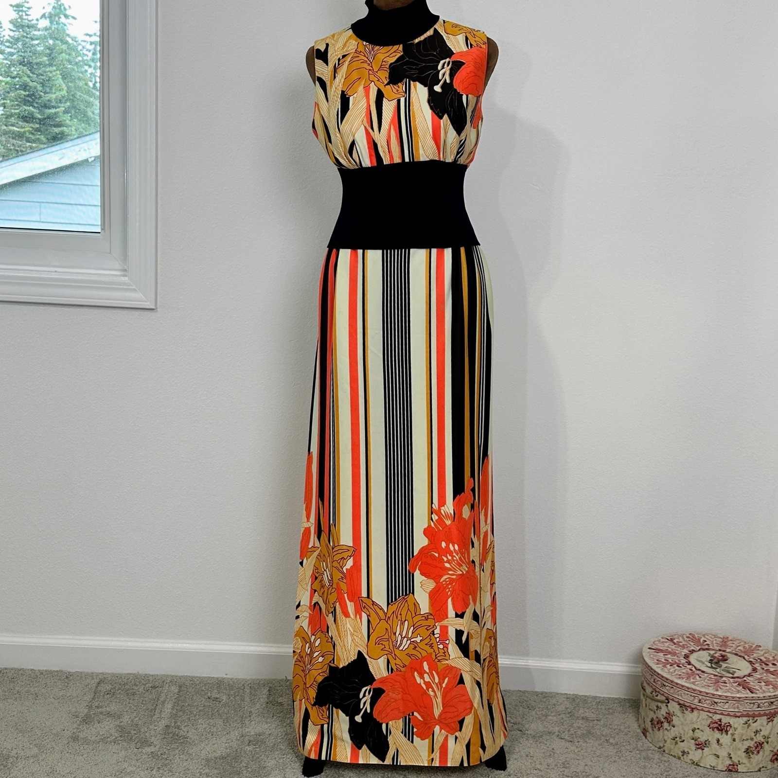 House of Morgan Vintage 70s Tropical Floral Stripe Maxi Dress High Side Slits