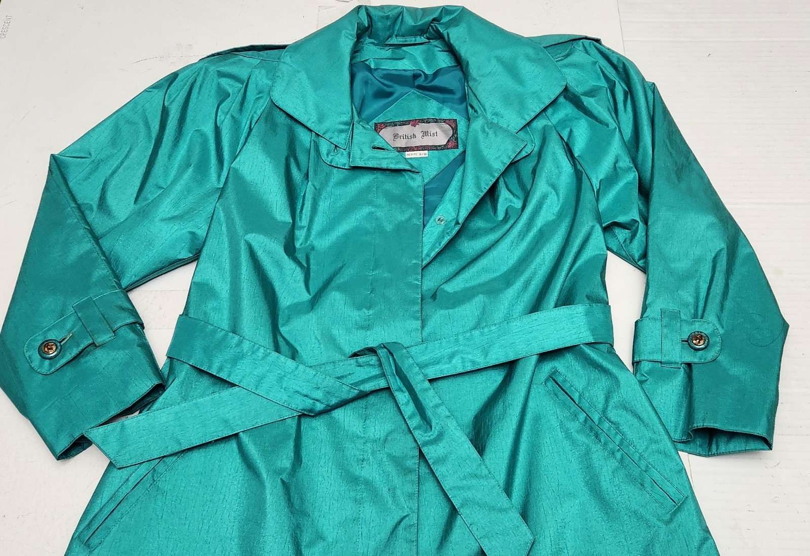 Vintage 80s British Mist Women’s Shiny Teal Rain/Trench Coat 9/10 Petite VG