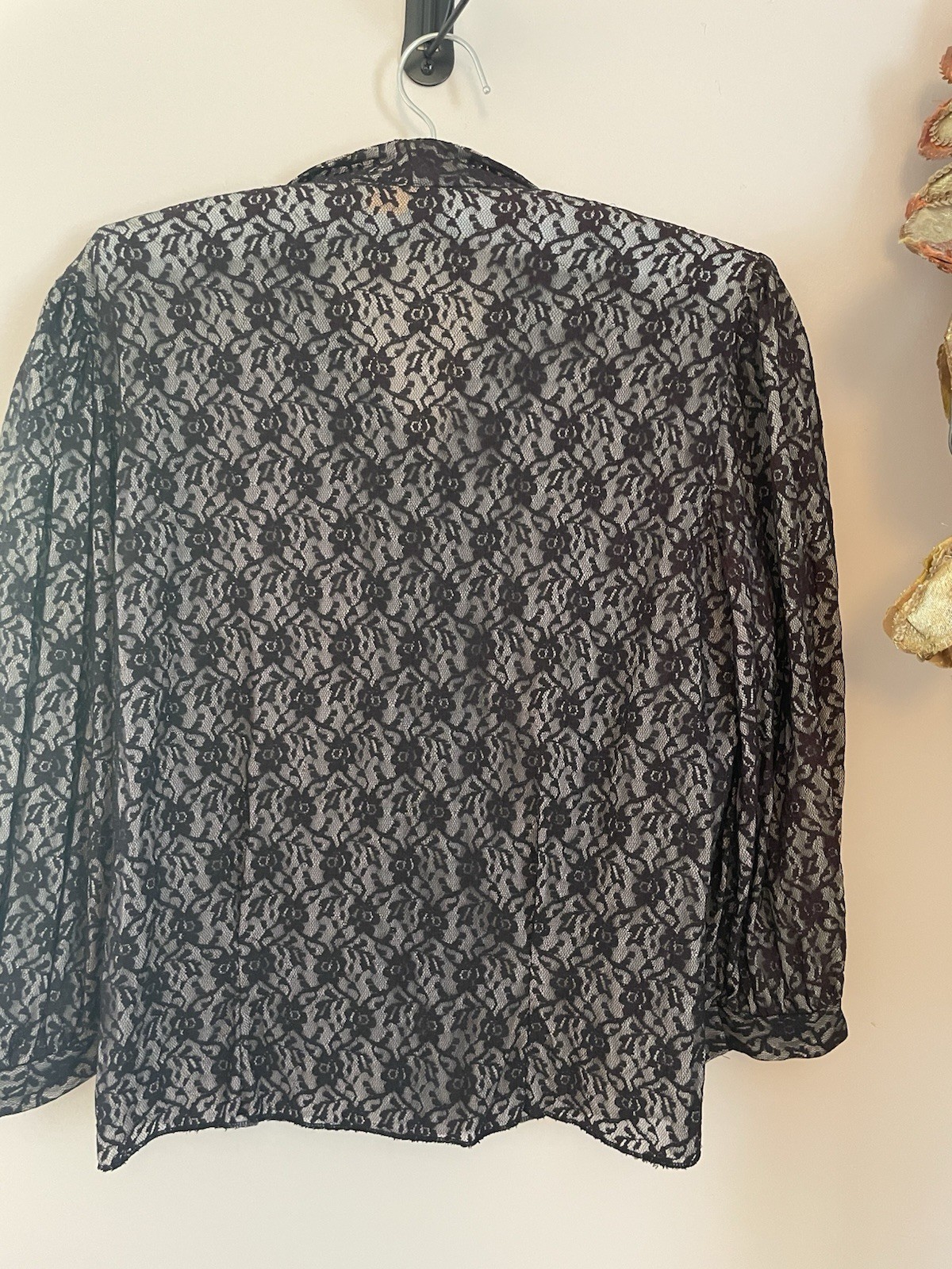 Sheer Black Lace Button-Front Women’s Blouse 1950s- 60s Rhinestone Buttons