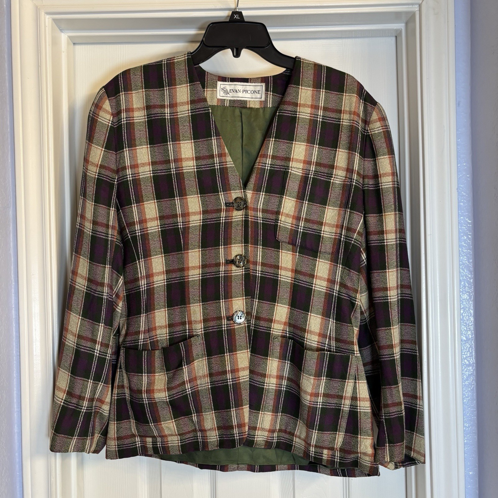 Vintage Evan Picone Plaid Blazer Women’s Sz 10 Green Burgundy Jacket Classic