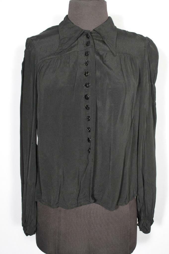RARE VINTAGE FRENCH 1940’S WWII ERA BLACK RAYON BLOUSE SIZE LARGE