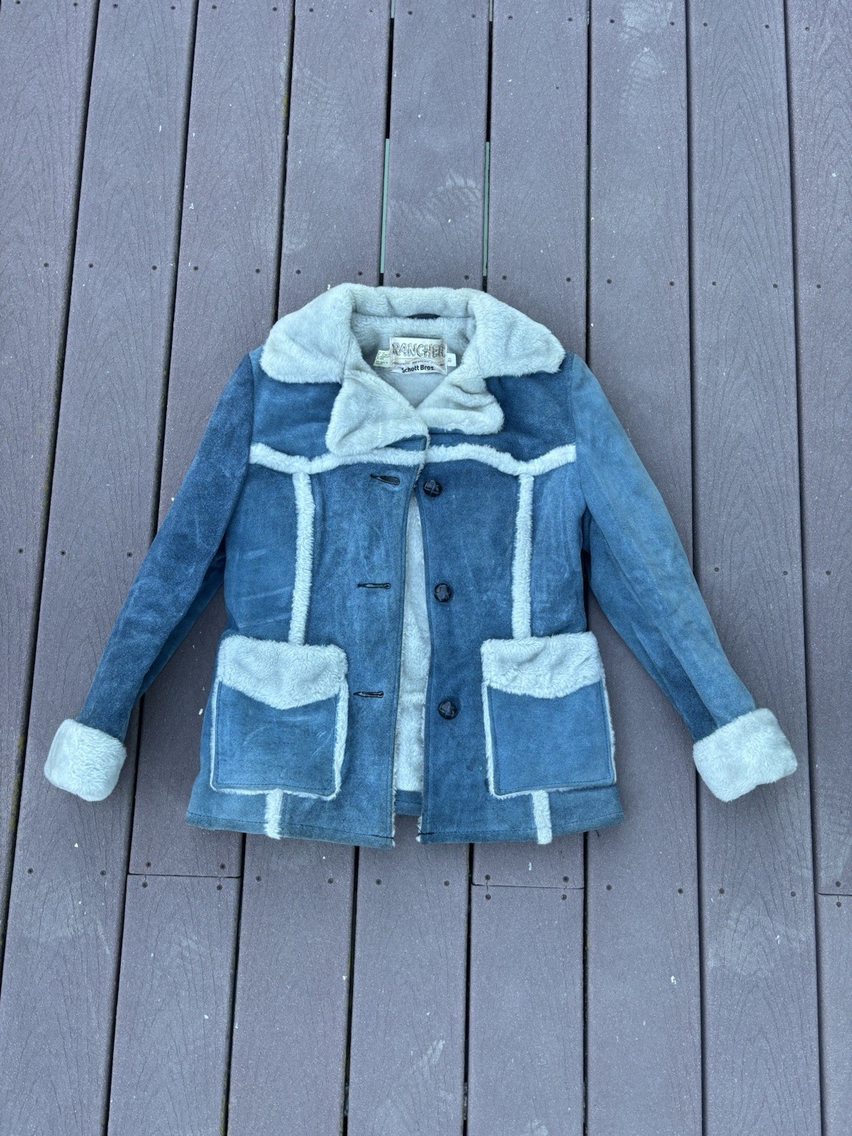 Vtg 70s Schott Rancher Blue Suede Leather Western Jacket Sherpa Womens Small Med