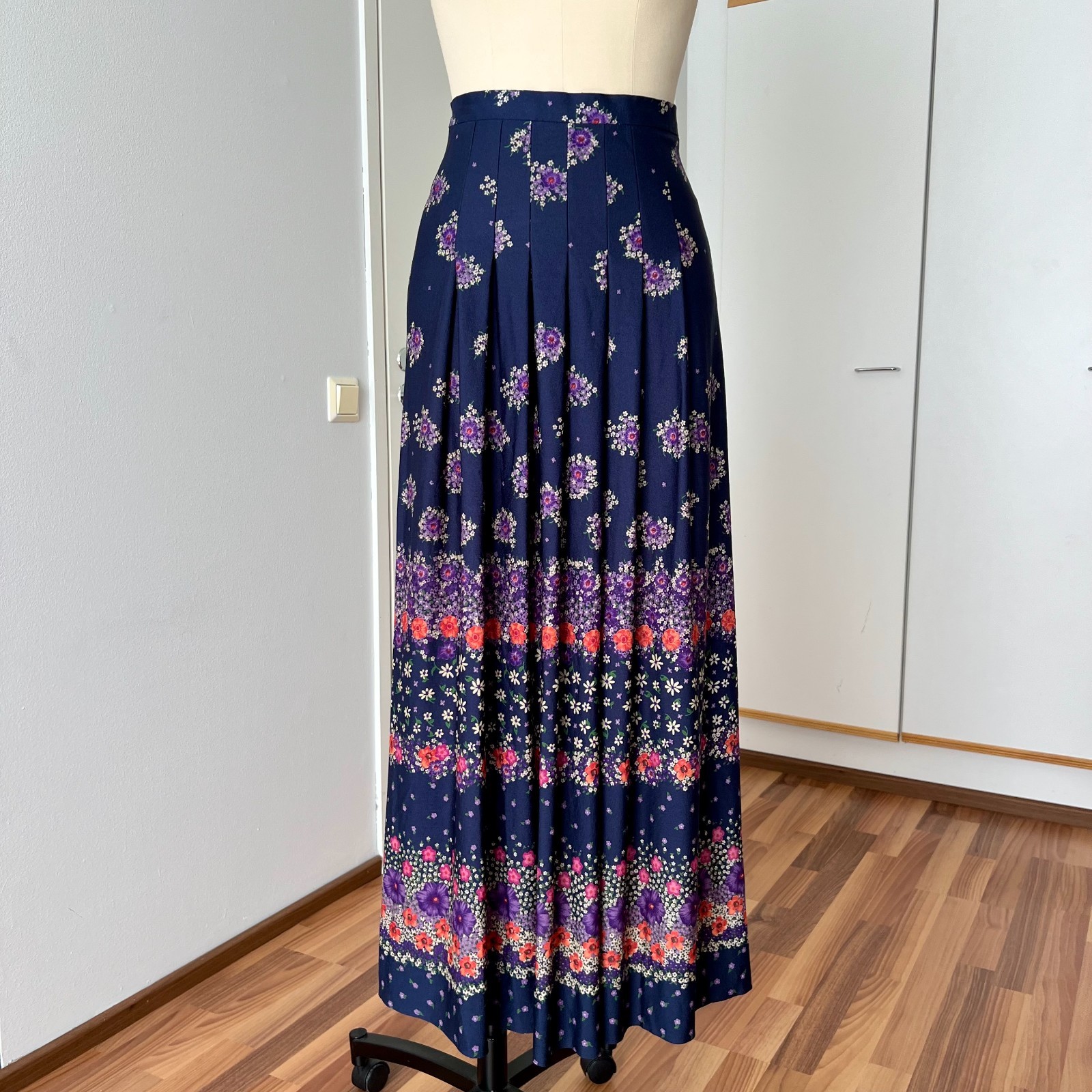 1970s Floral Pleated Maxi Skirt High Waist Boho Prairie Cottagecore Long Aline