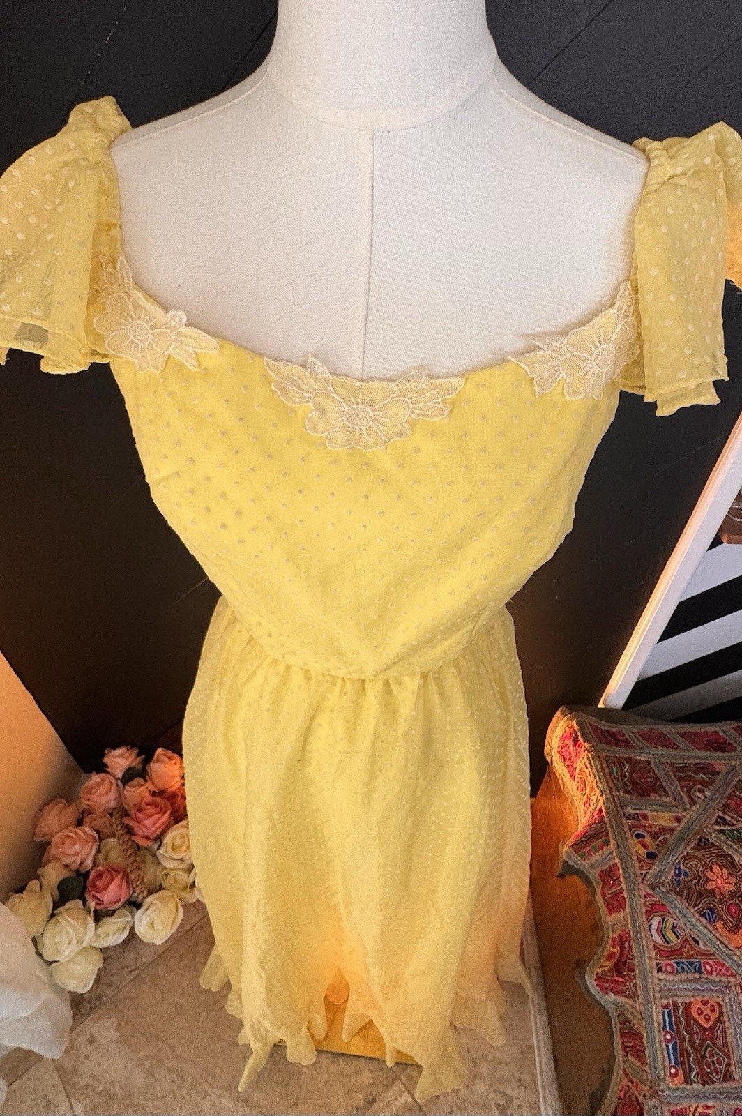 Vintage 1950s Yellow Swiss Dot Tulle Gown with Ruffle Sleeves and Lace Trim