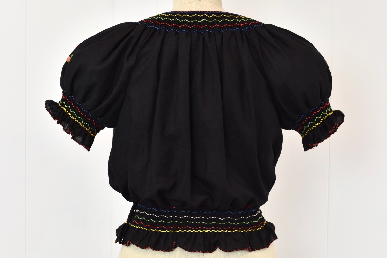 Vtg 1970s does 1930s Black Floral Embroidered Cotton Hungarian Peasant Blouse