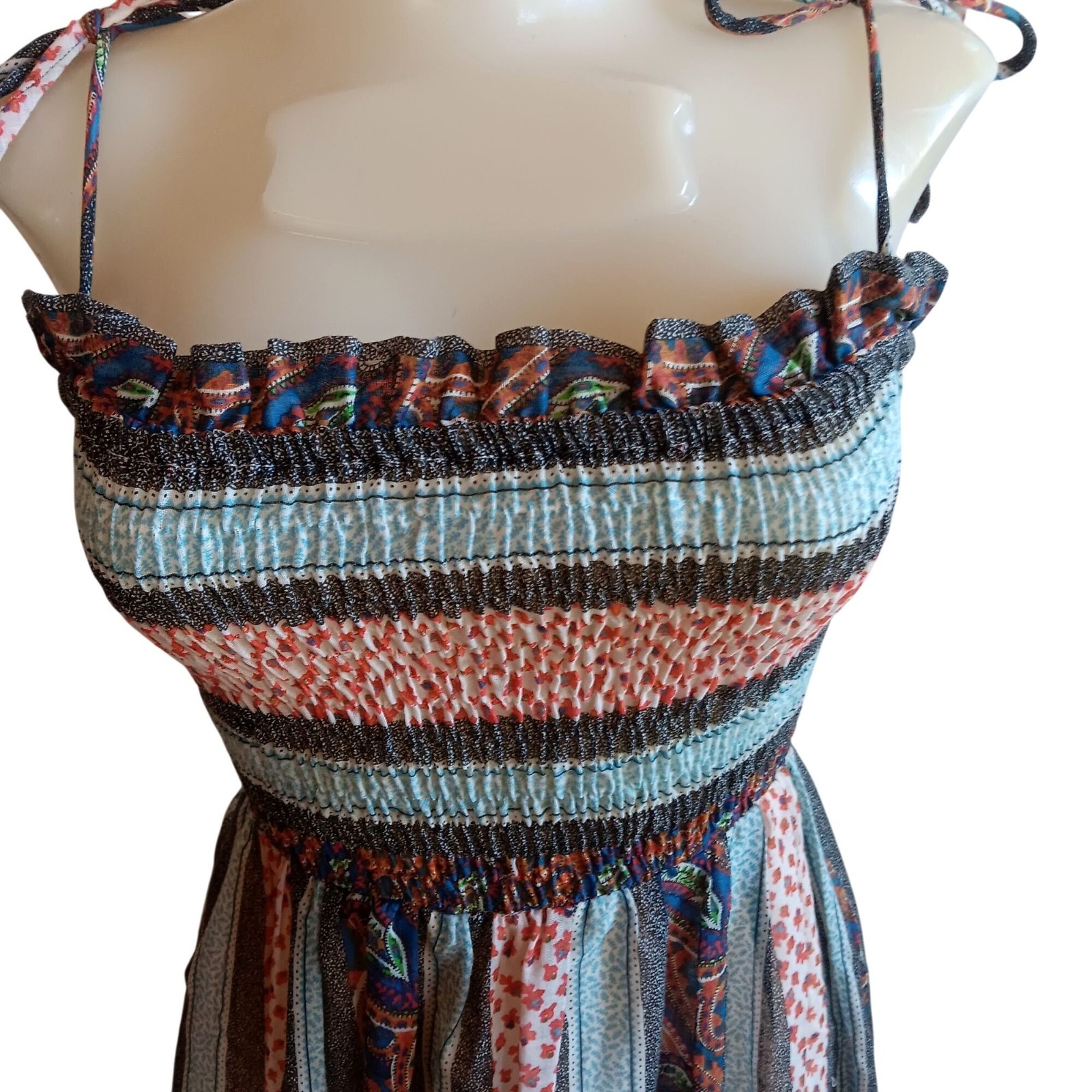 True Vintage Peasant Bohemian Dress sz 9 Maxi Ruffle Trim & Smocked Bodice