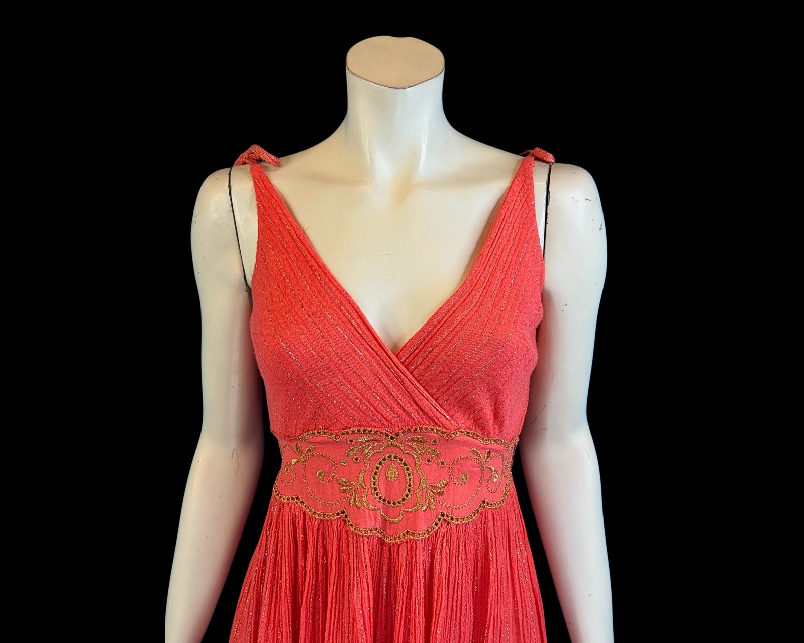 80s Greek Goddess Coral Gauze & Gold Lurex Mini Vintage Sundress | S
