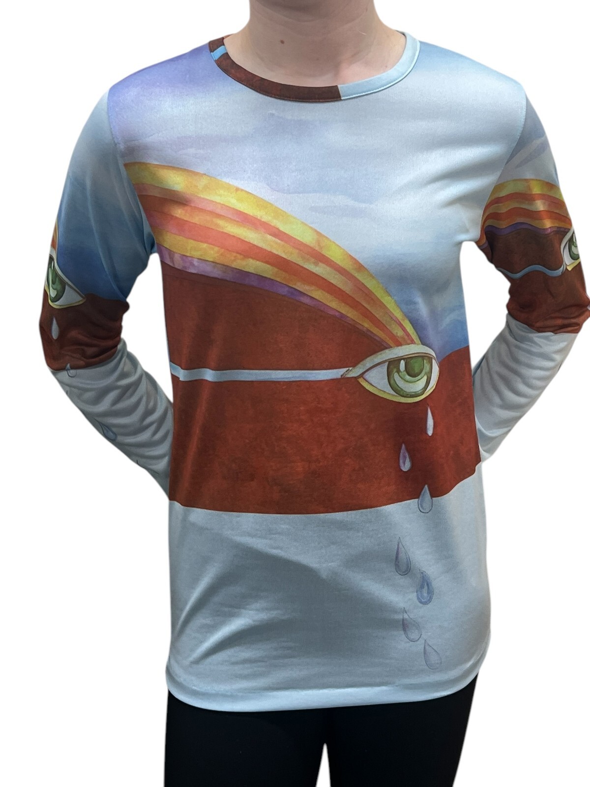 RARE XS-S Vtg 70s Shirt Crying Eye Tears Hippie Top Realism Graphic OpArt Blouse