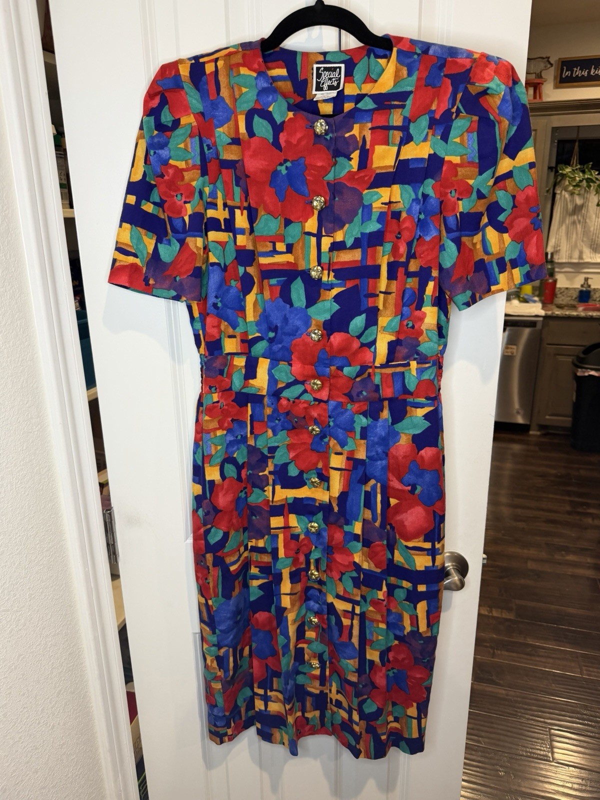 VTG 80s Special Effects Floral Midi Dress Button Front Shoulder Pads USA Size 8M