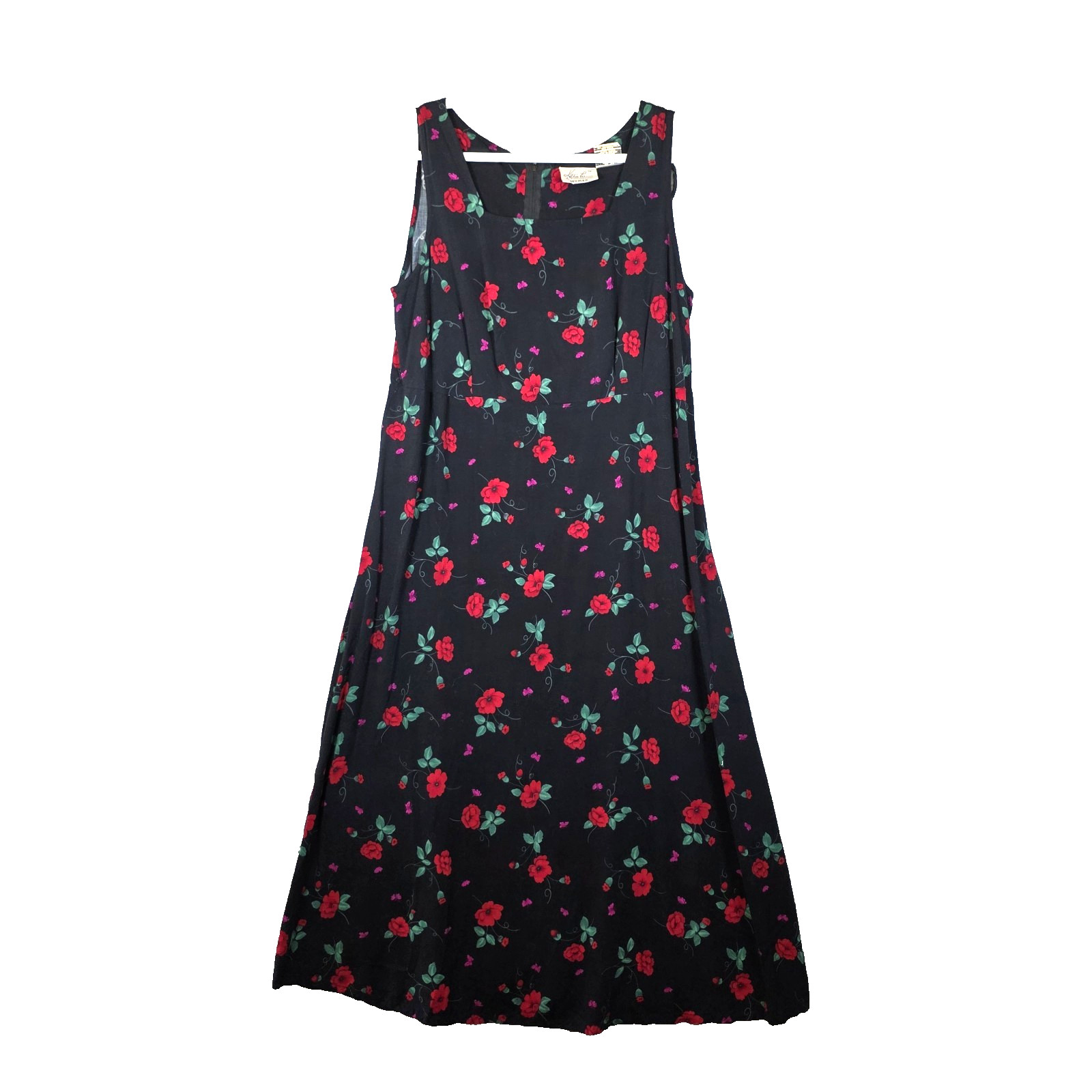 Vtg 90s Grunge Floral Maxi Dress Black Red Rose Rayon Kathie Lee Woman Plus 16W