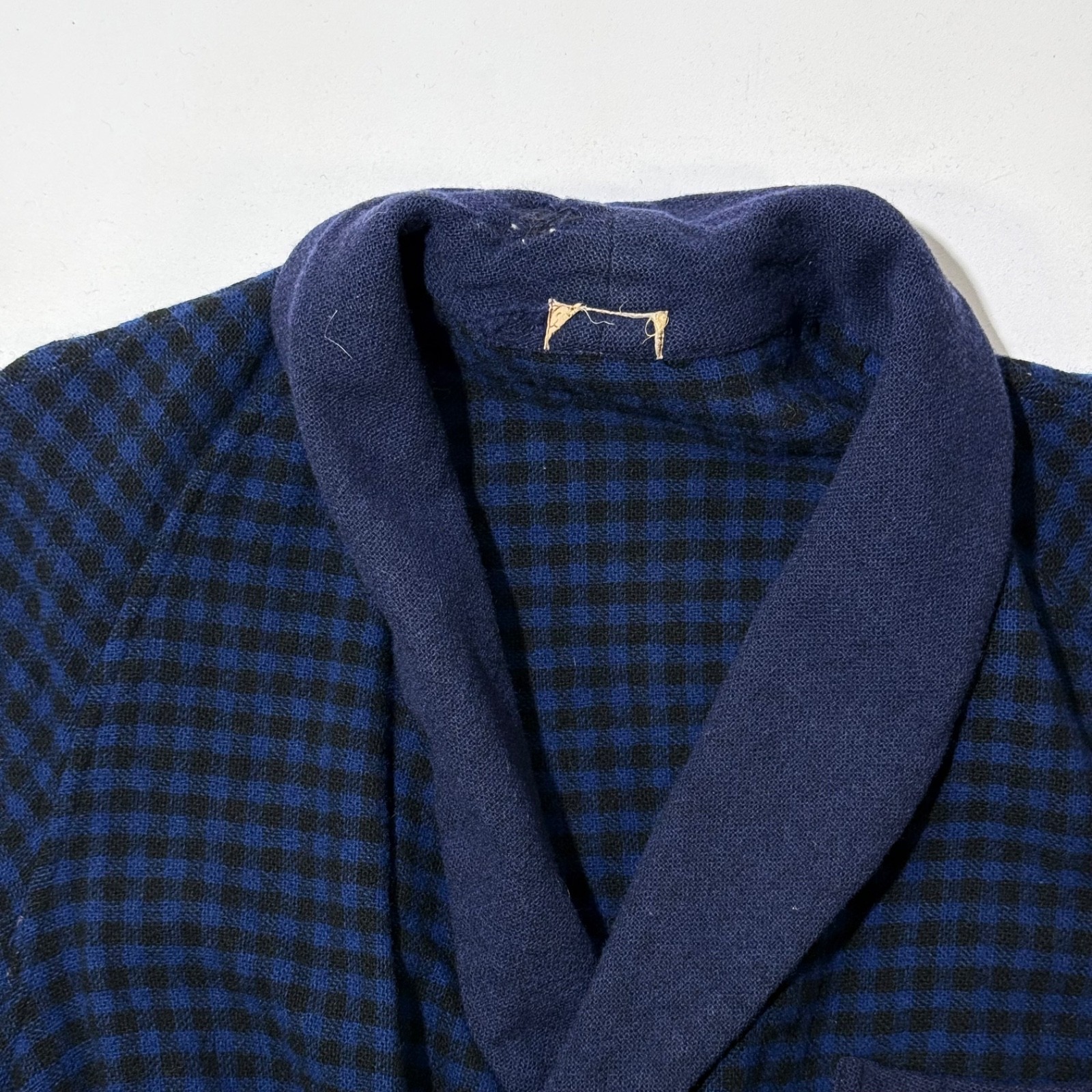 Double-Breasted Navy Blue And Black Gingham Check Wool Robe