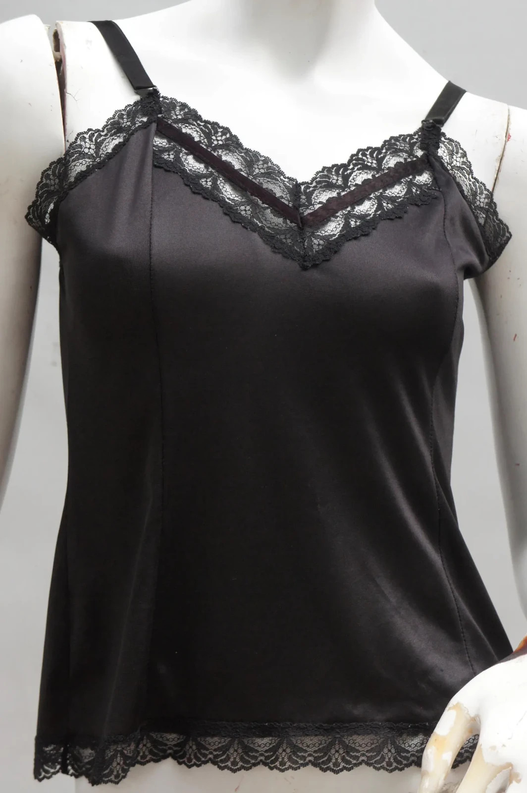 Vintage Black Lace Trim Nylon Slip Top Camisole Tank Lingerie Retro Goth