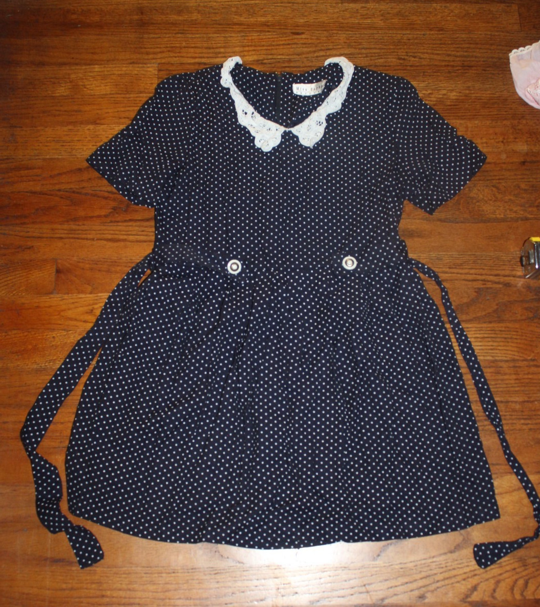 Vintage 1990s Cottage Core Grunge Miss Dorby Petites Lace Collar Polka Dot Dress