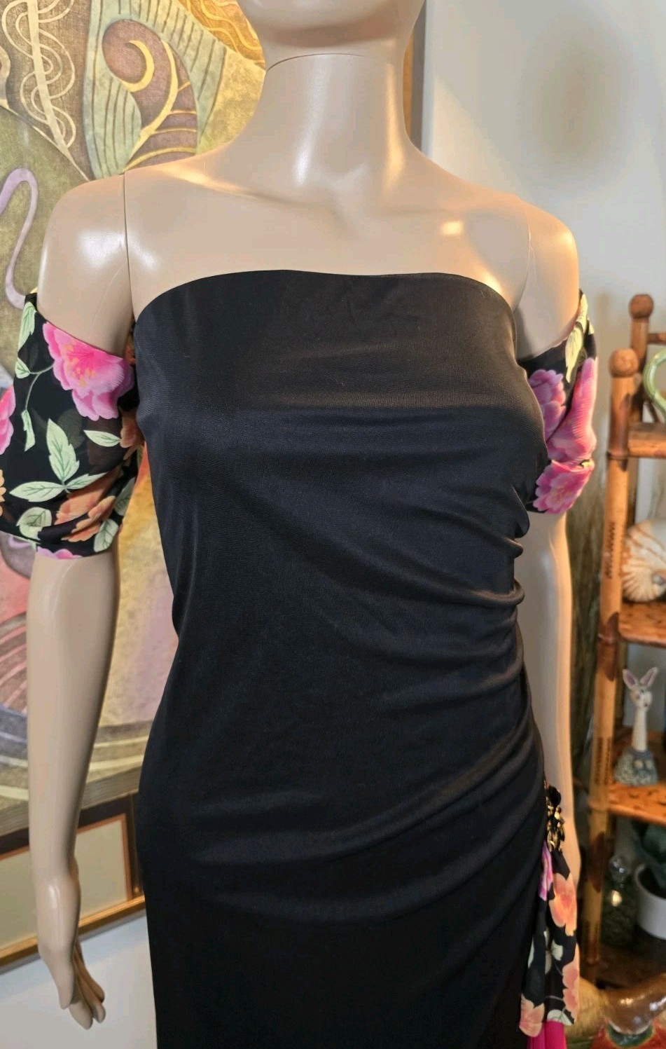 Vtg 90s Bodycon Strapless Flamenco Dress Y2K California Concepts Black Med
