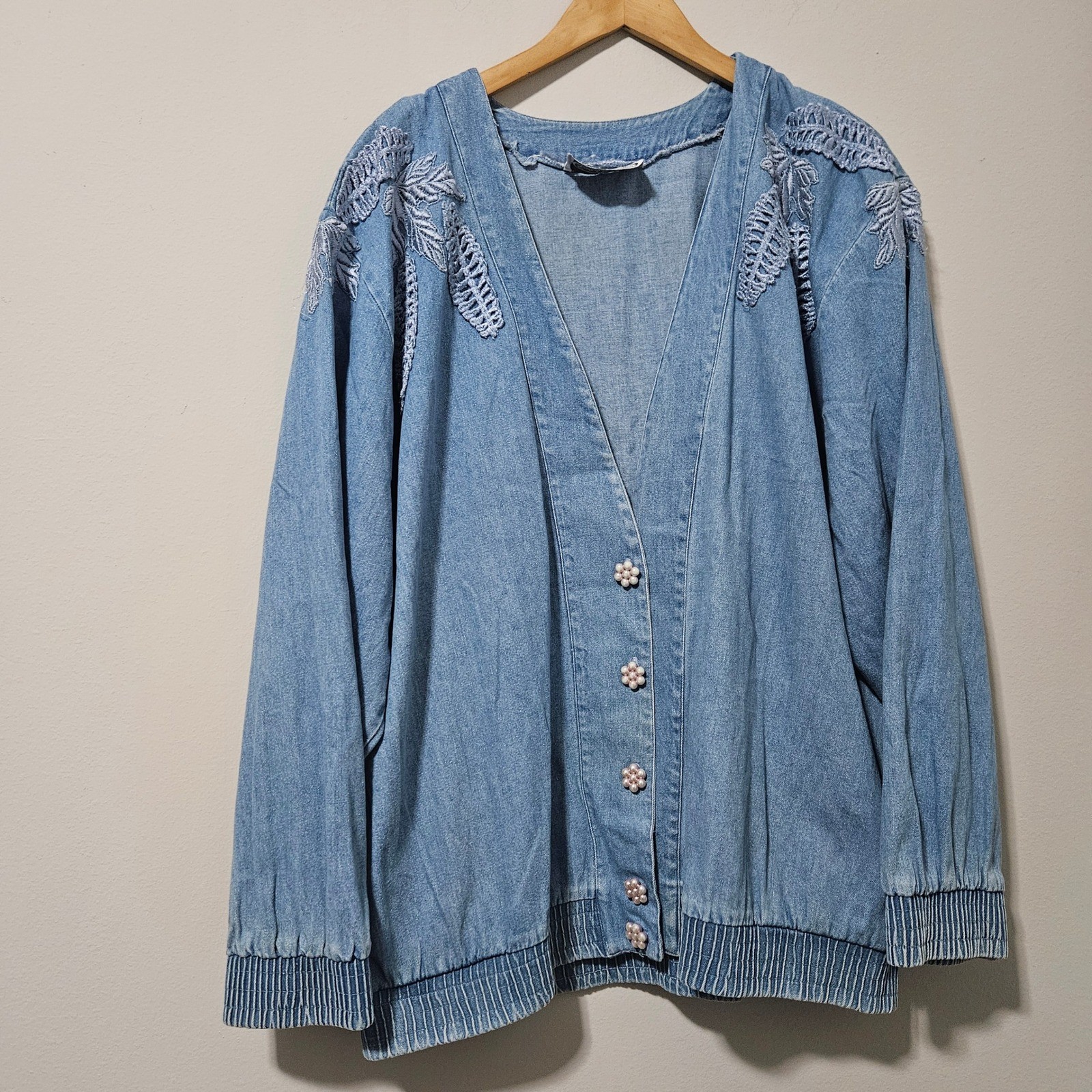 Saint Germain Paris Vintage Denim Cardigan Leaf Embroidery Pearl Flower Buttons