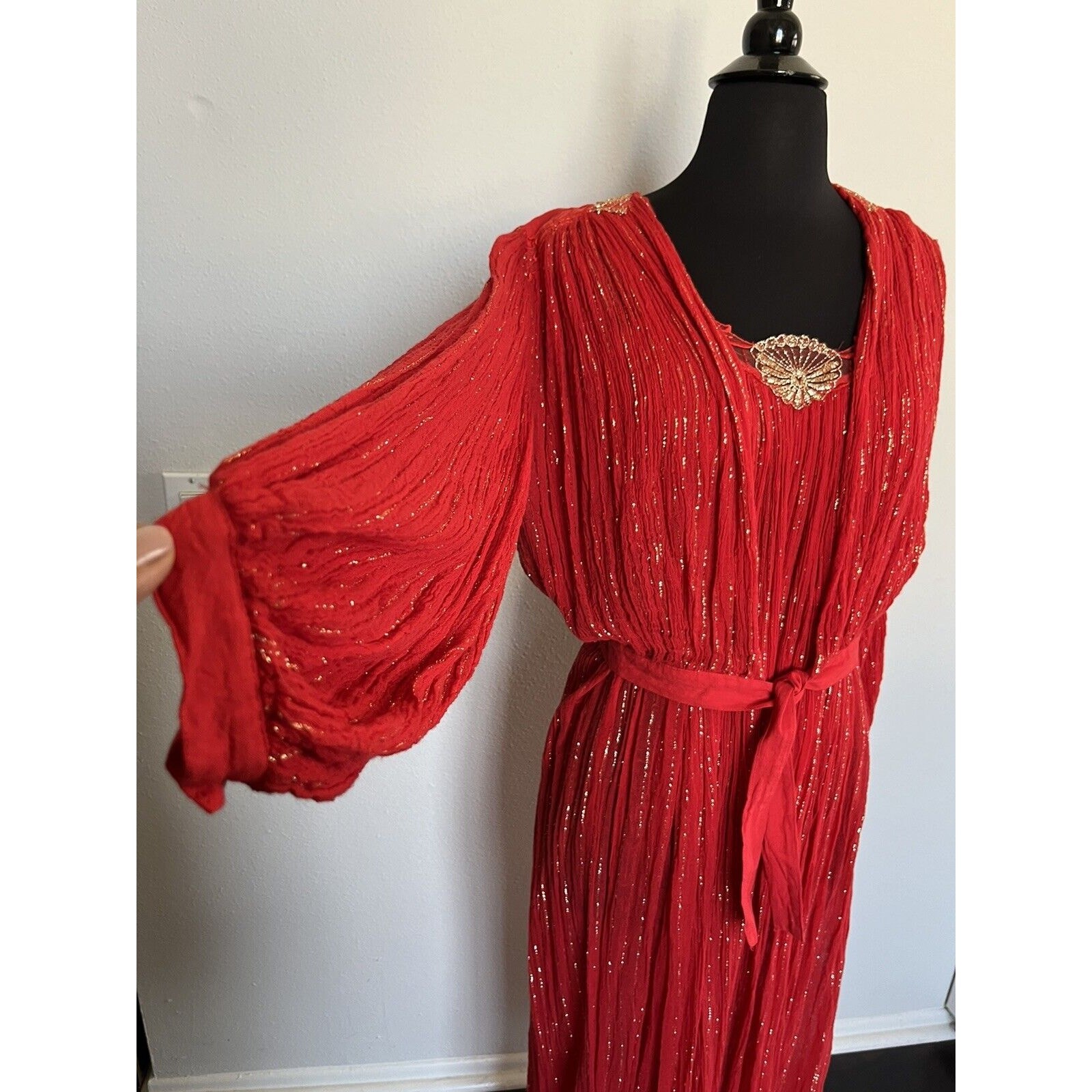 Vintage Rare Maxi Dress M Cotton Gauze Made in Greece Red Gold Thread Boho